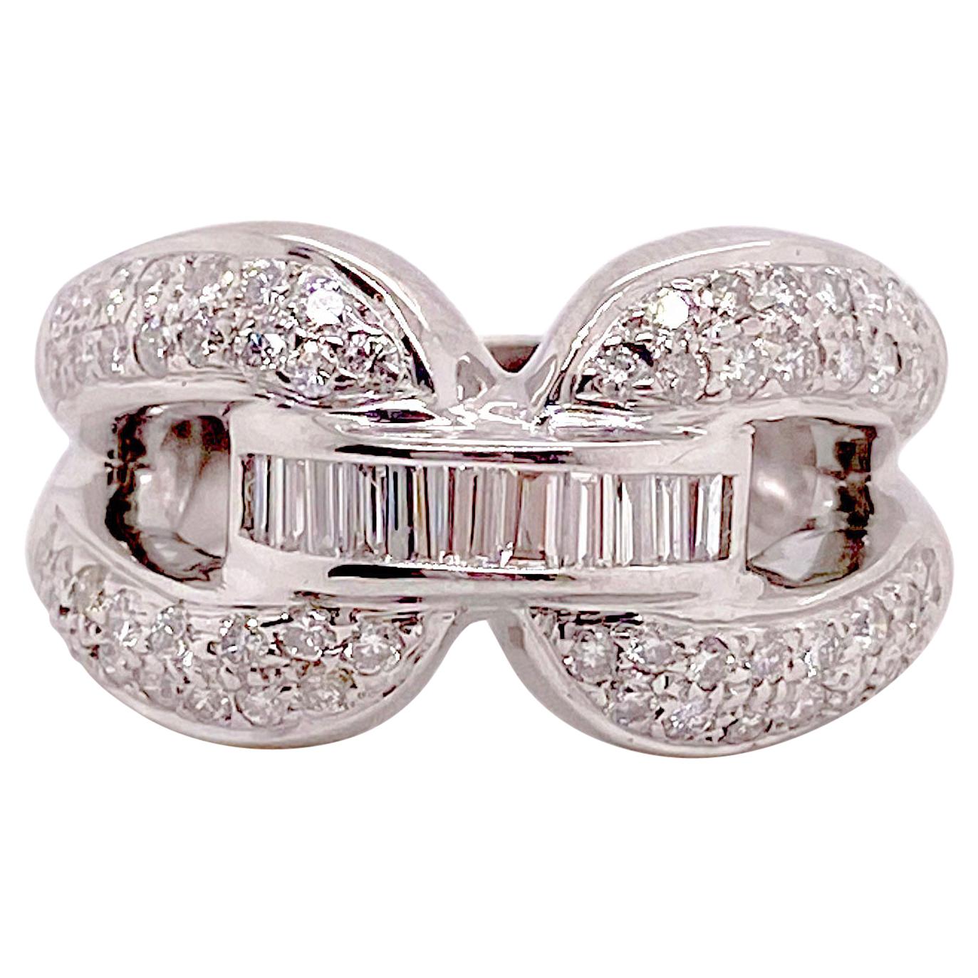 Bague à anneau en or blanc, diamants baguettes et ronds de 1 carat