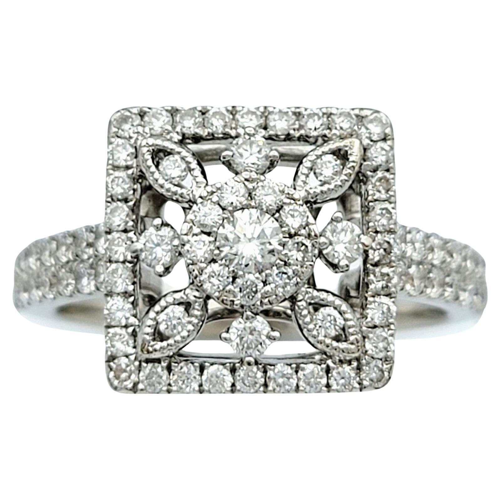 Diamond Band Ring with Open Square Cutout Motif Set in 18 Karat White Gold For Sale