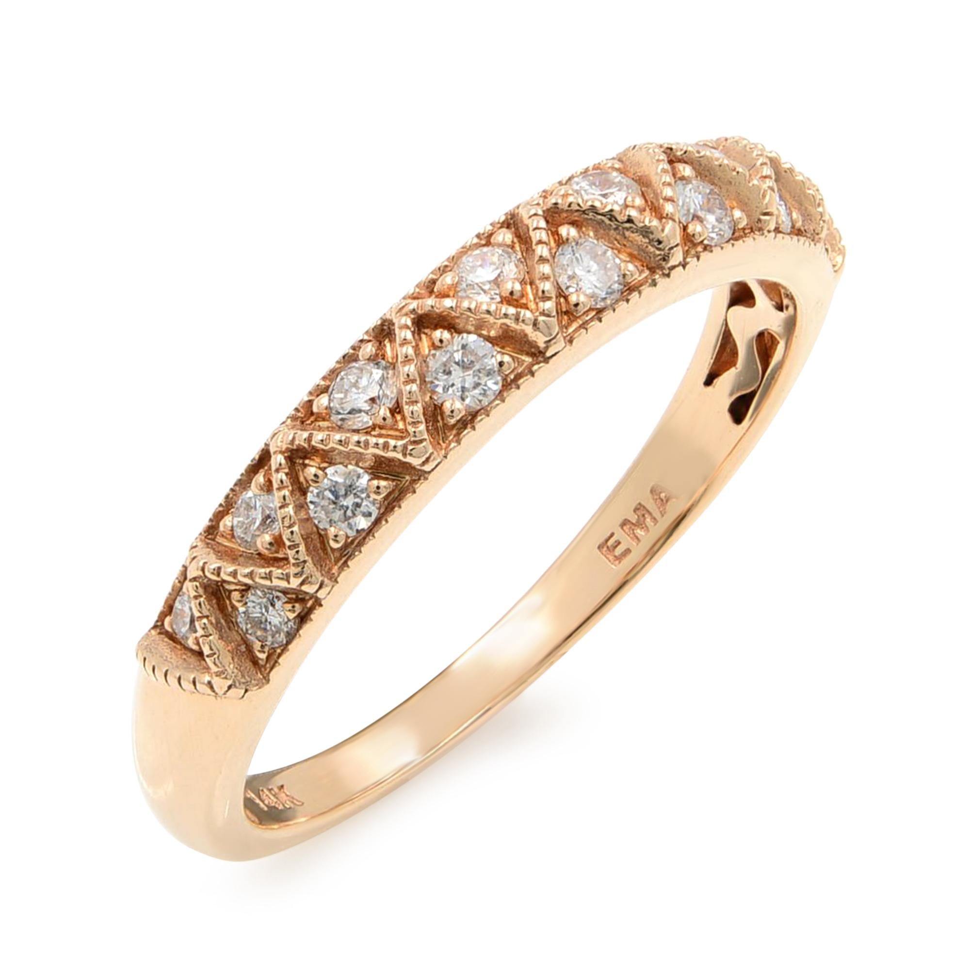 Modern Diamond Band Scroll Work Milgrain Ring 14K Rose Gold 0.20Cttw For Sale
