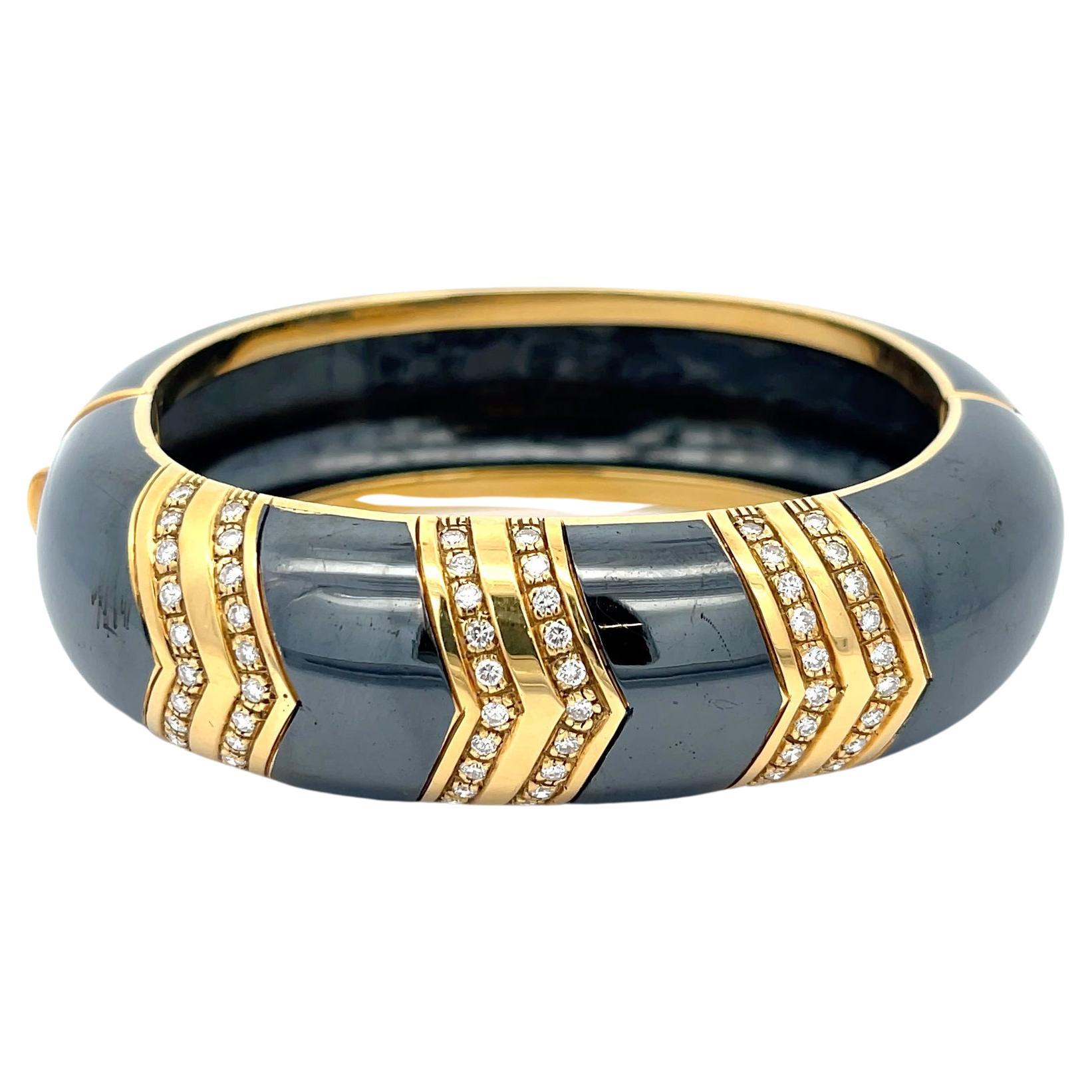 Diamond Bangle Blackened Stainless Steel 18K Yellow Gold For Sale
