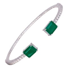 Vintage Diamond Bangle Bracelet 18k White Gold Diamond 0.77 Cts/30 Pcs Emerald 3.18 Cts