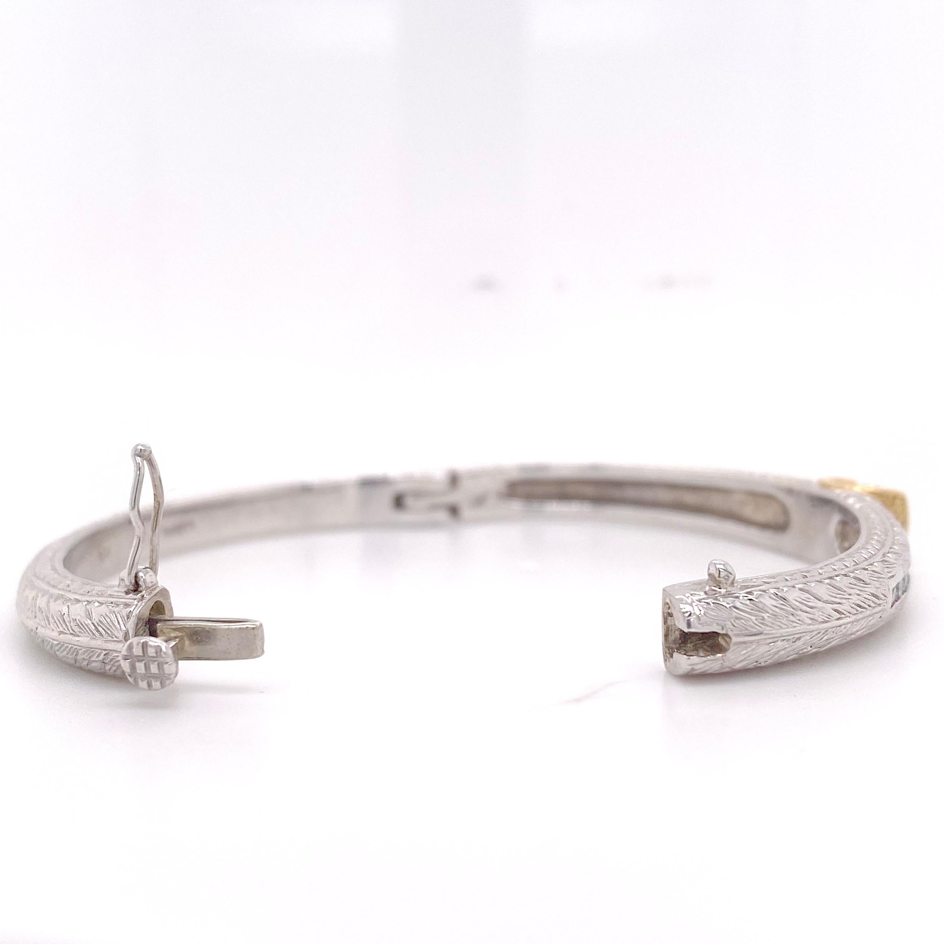Contemporary Diamond Bangle Bracelet, Mixed Metal 14k Yellow and White Gold w Hand Engraving