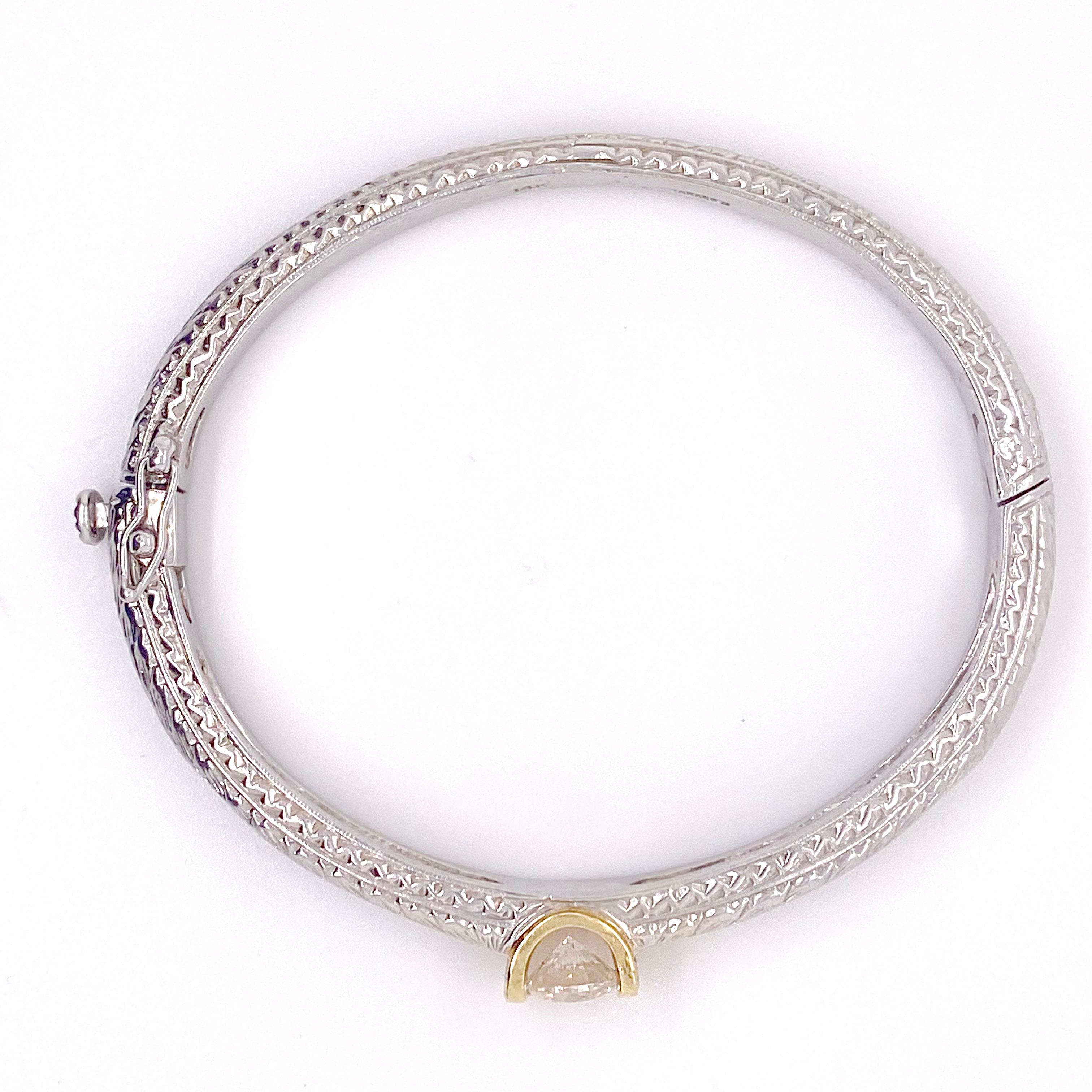 Diamond Bangle Bracelet, Mixed Metal 14k Yellow and White Gold w Hand Engraving In New Condition In Austin, TX