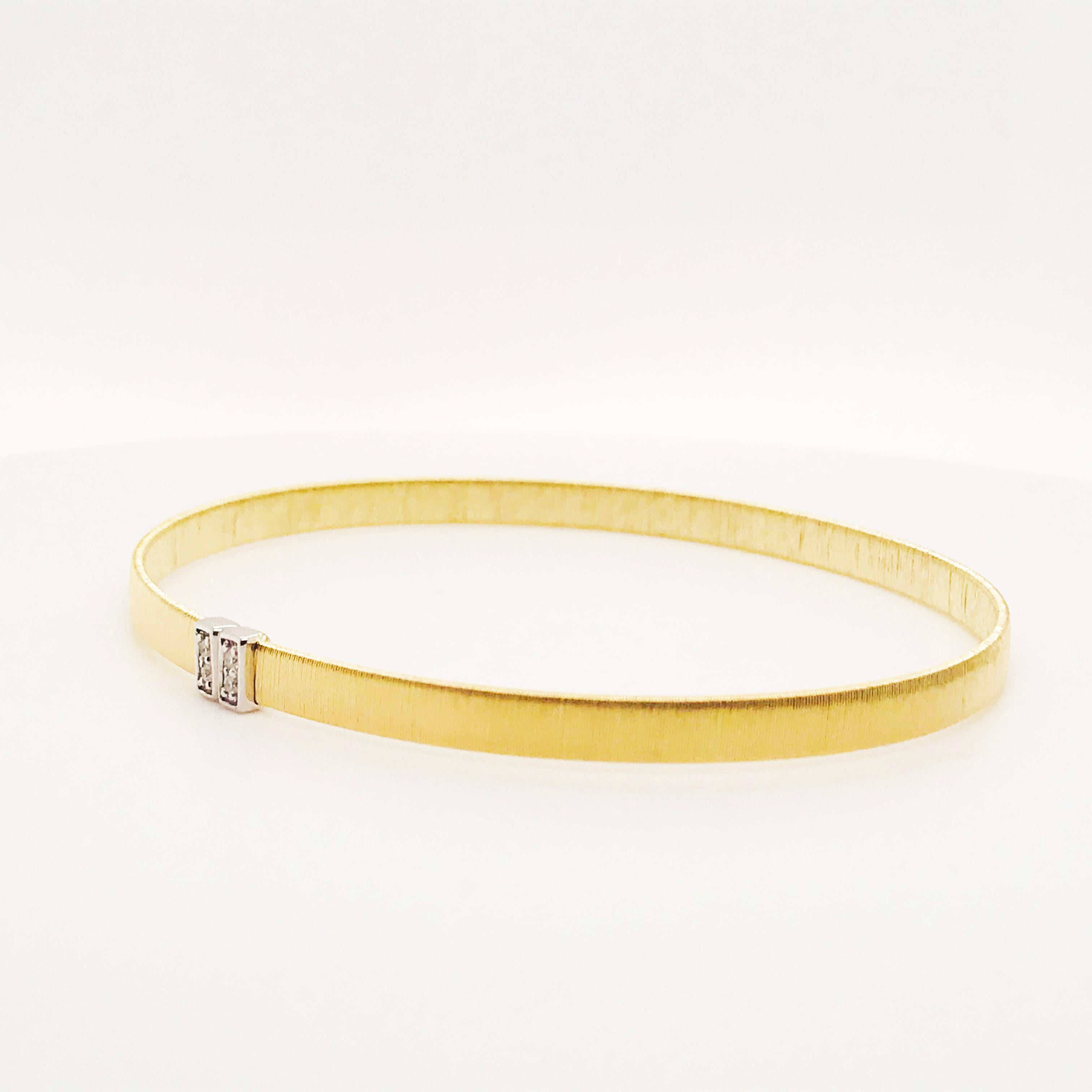 Modern Diamond Bangle Bracelet with 14k Satin Finish, Flexible 14 kt Gold Cuff Bracelet For Sale