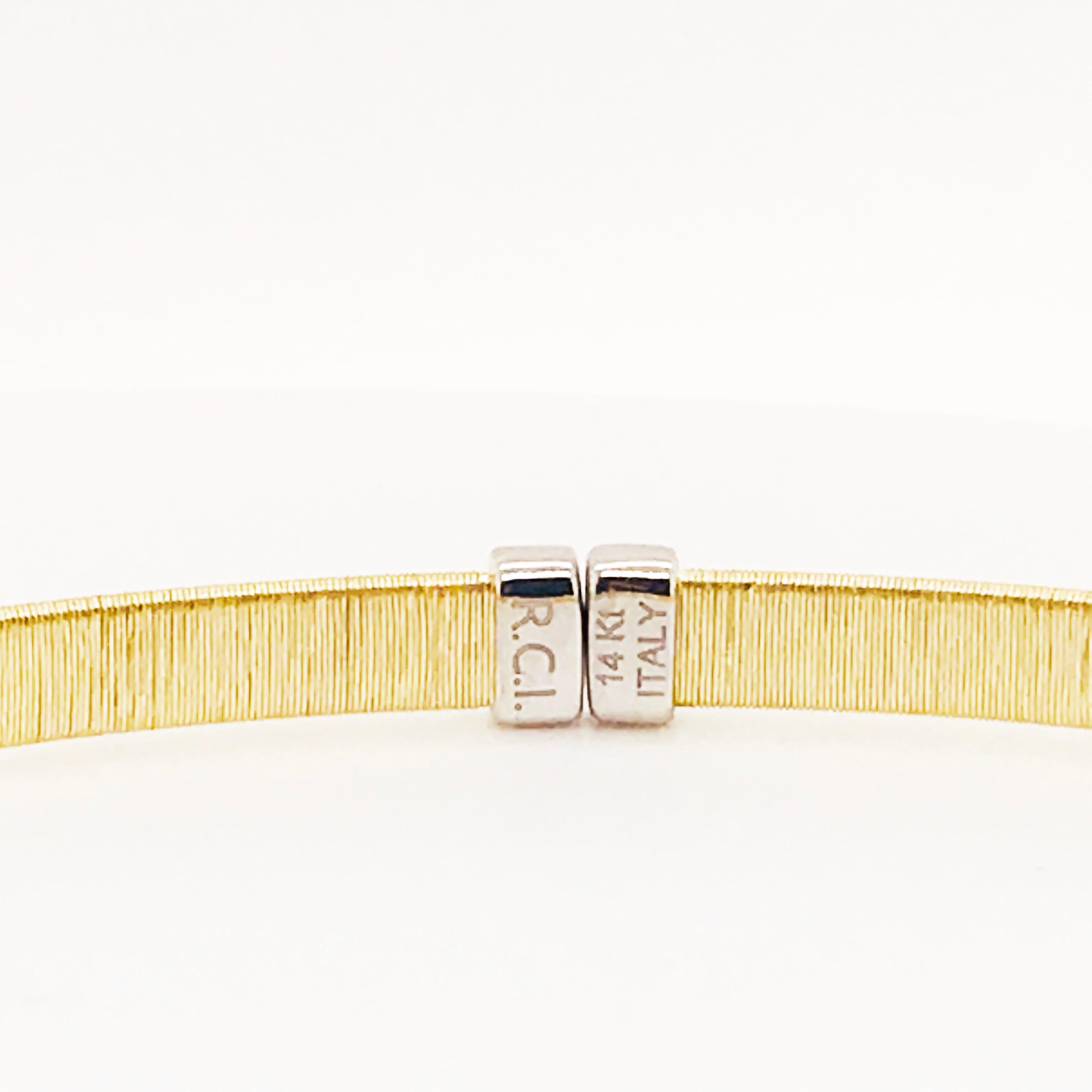 Round Cut Diamond Bangle Bracelet with 14k Satin Finish, Flexible 14 kt Gold Cuff Bracelet For Sale