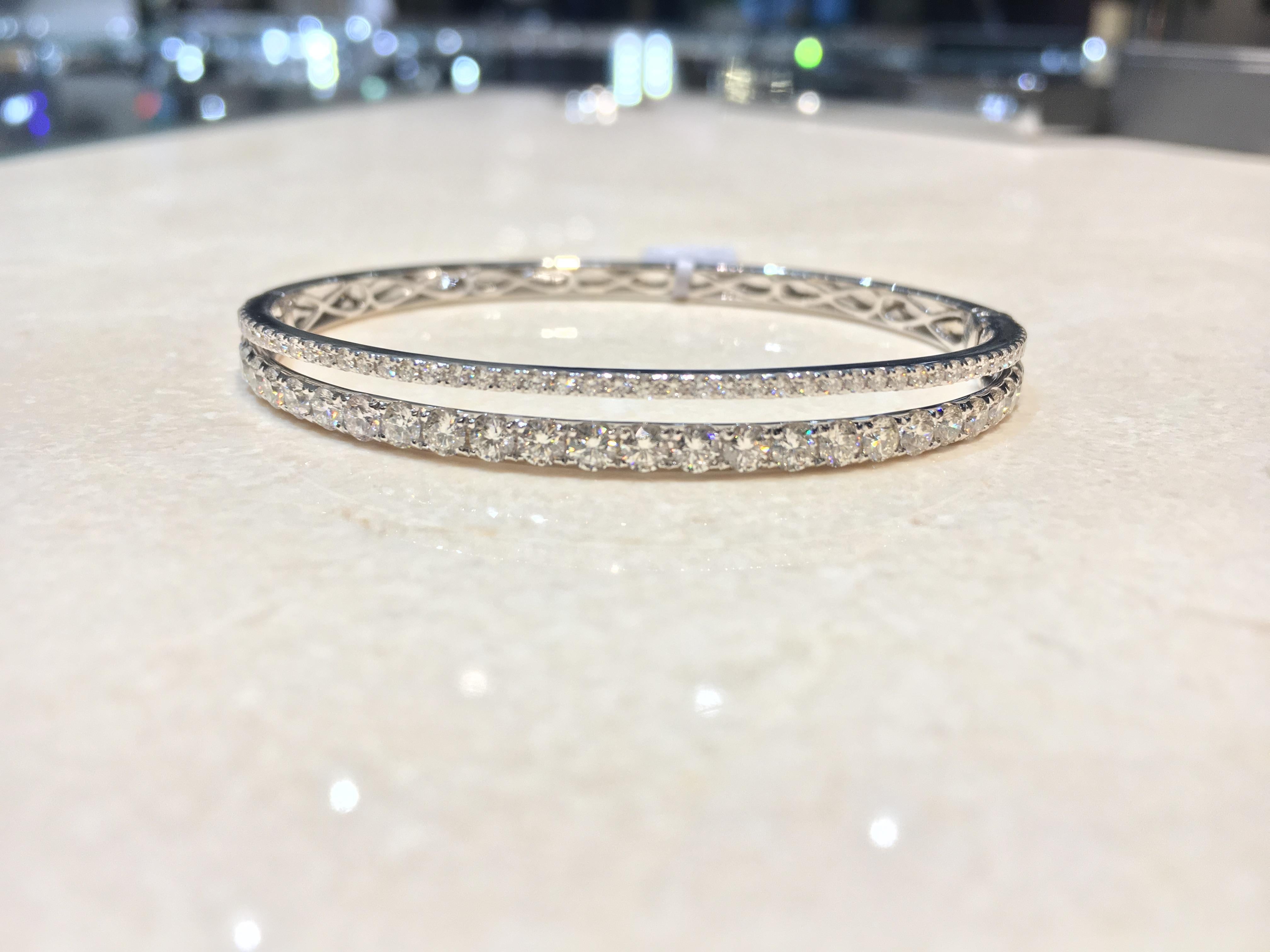 Diamond Bangle Double Row in 18 Karat White Gold Bracelet For Sale 1