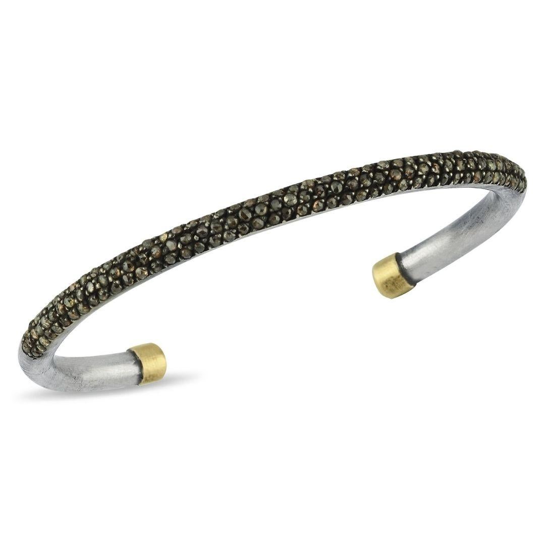 Round Cut  Oxidised Silver and 14k Gold Cuff Bangle with Smoky Diamonds For Sale