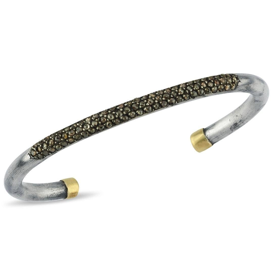 Round Cut  Oxidised Silver and 14k Gold Cuff Bangle with Smoky Diamonds For Sale