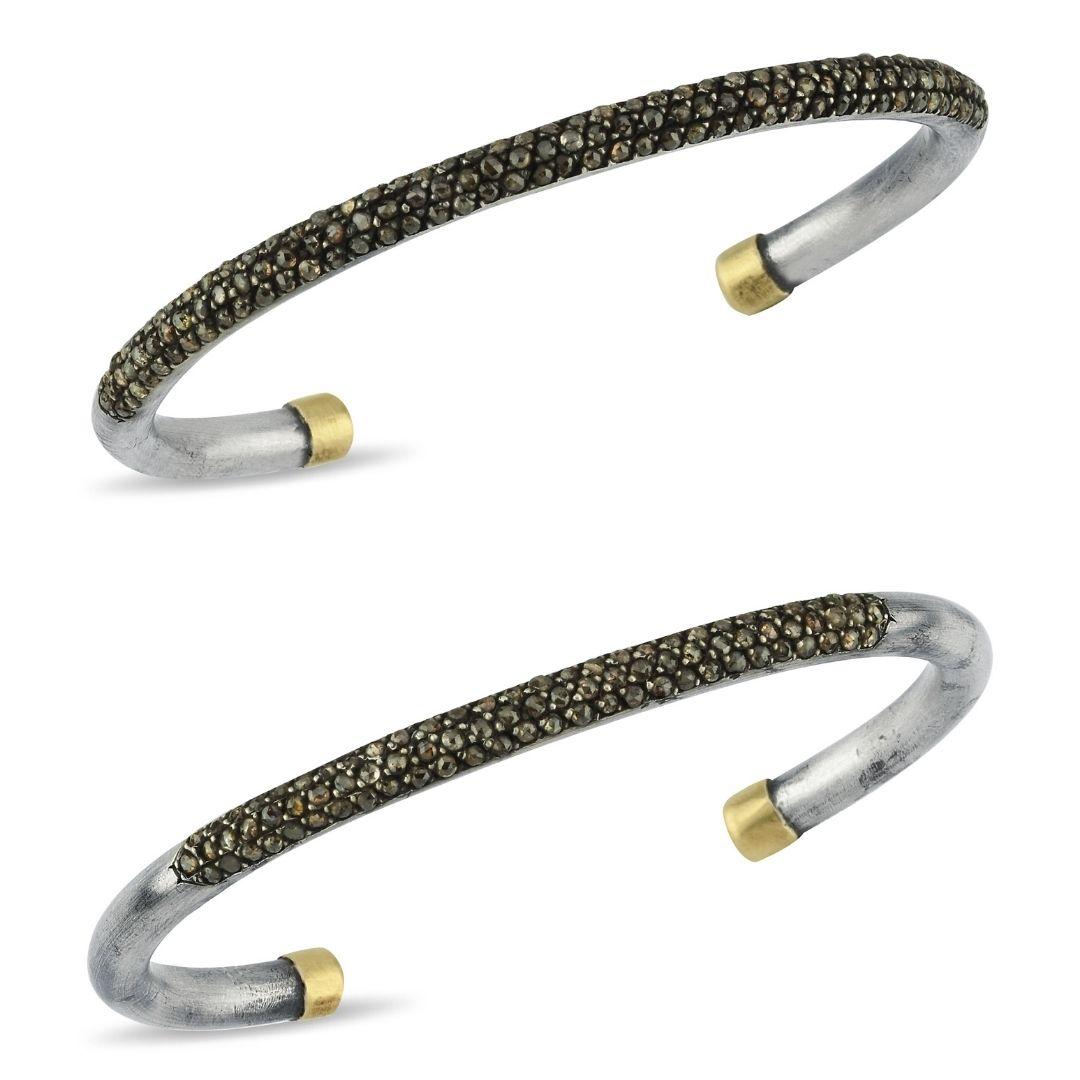  Oxidised Silver and 14k Gold Cuff Bangle with Smoky Diamonds In New Condition For Sale In ISTANBUL, TR