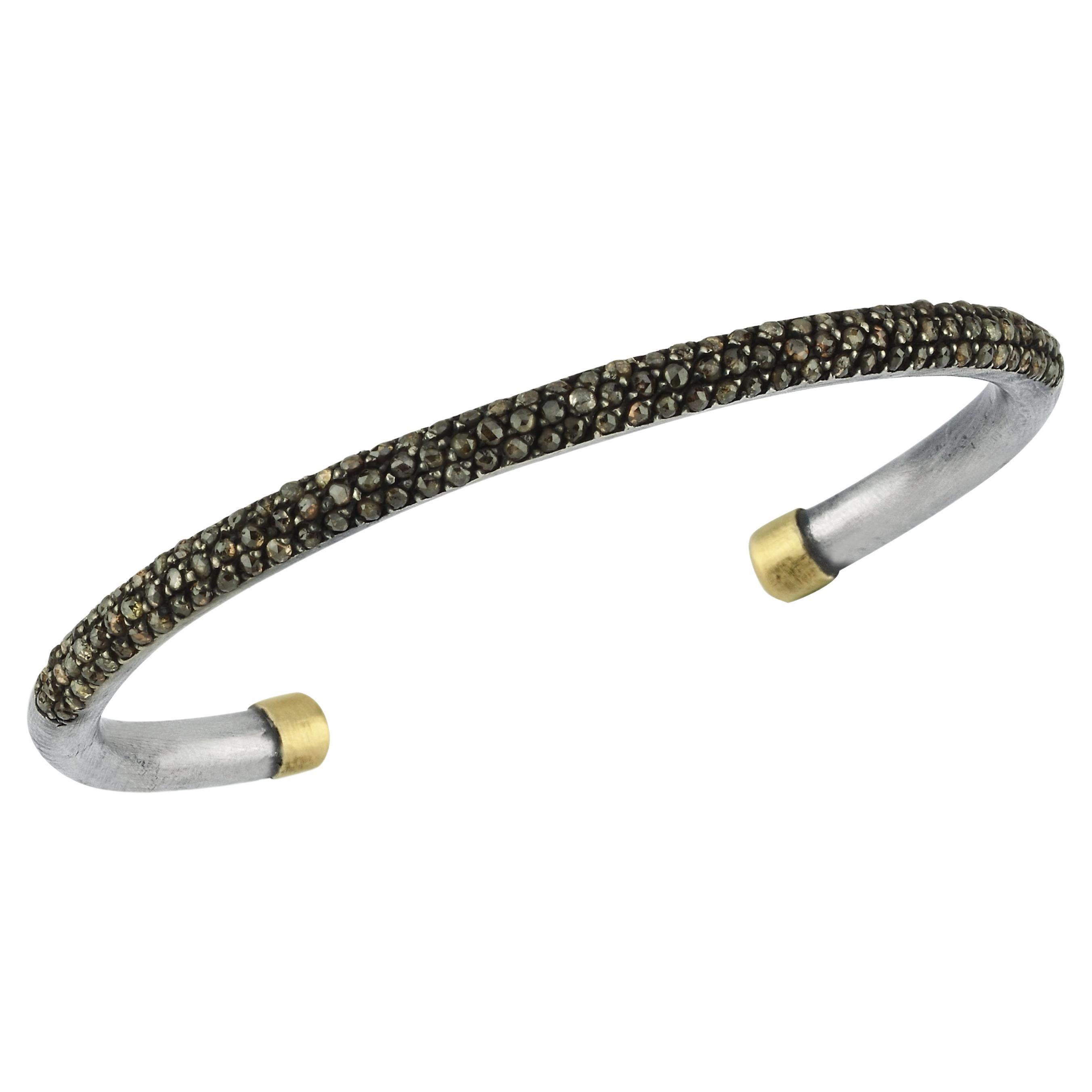 Oxidised Silver and 14k Gold Cuff Bangle with Smoky Diamonds