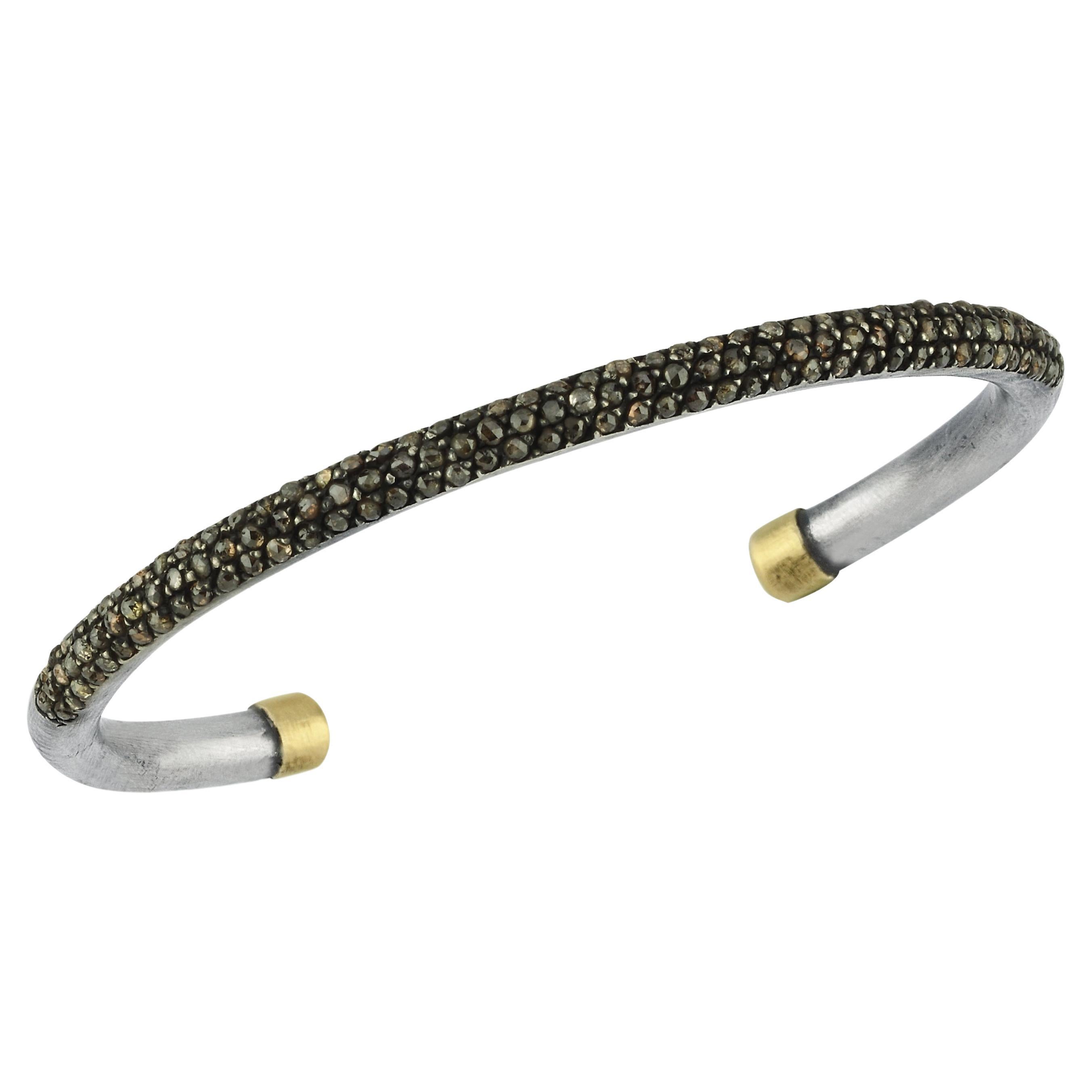  Oxidised Silver and 14k Gold Cuff Bangle with Smoky Diamonds For Sale