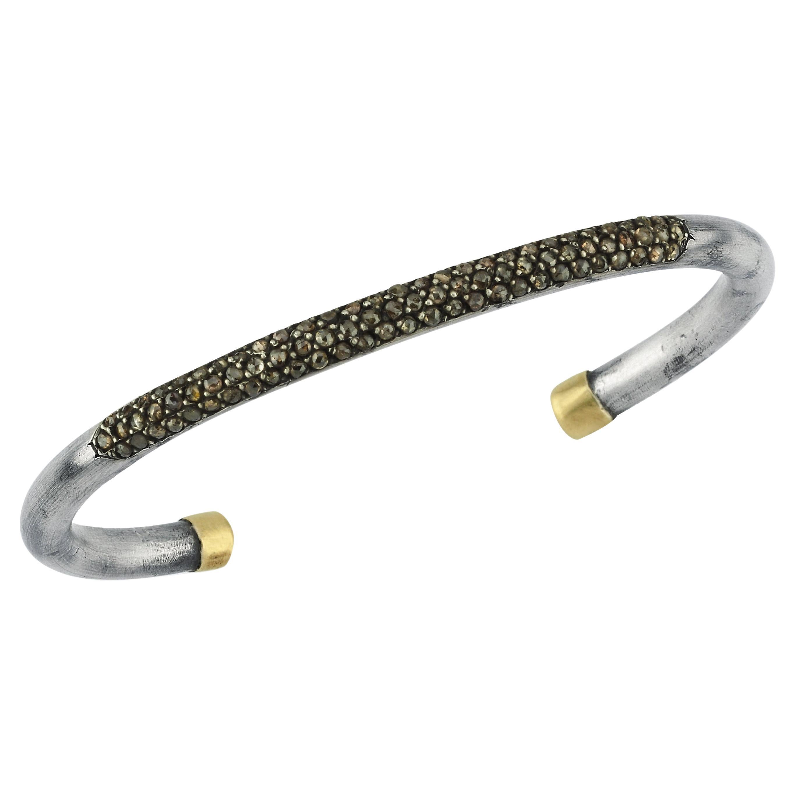  Oxidised Silver and 14k Gold Cuff Bangle with Smoky Diamonds For Sale