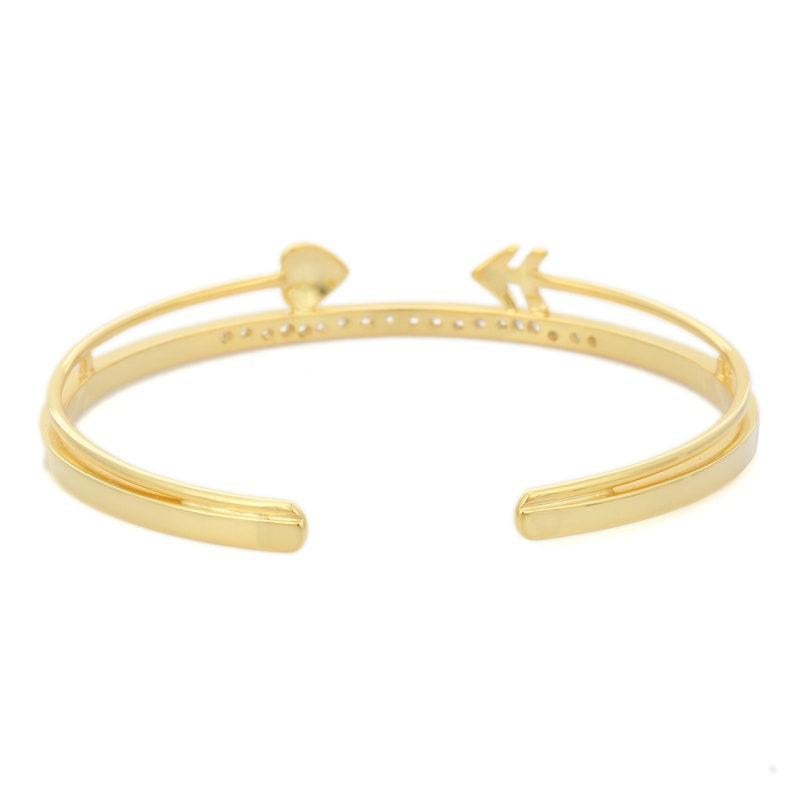 Modern Trendy Diamond Arrow Heart Cuff Bracelet in 14kt Solid Yellow Gold