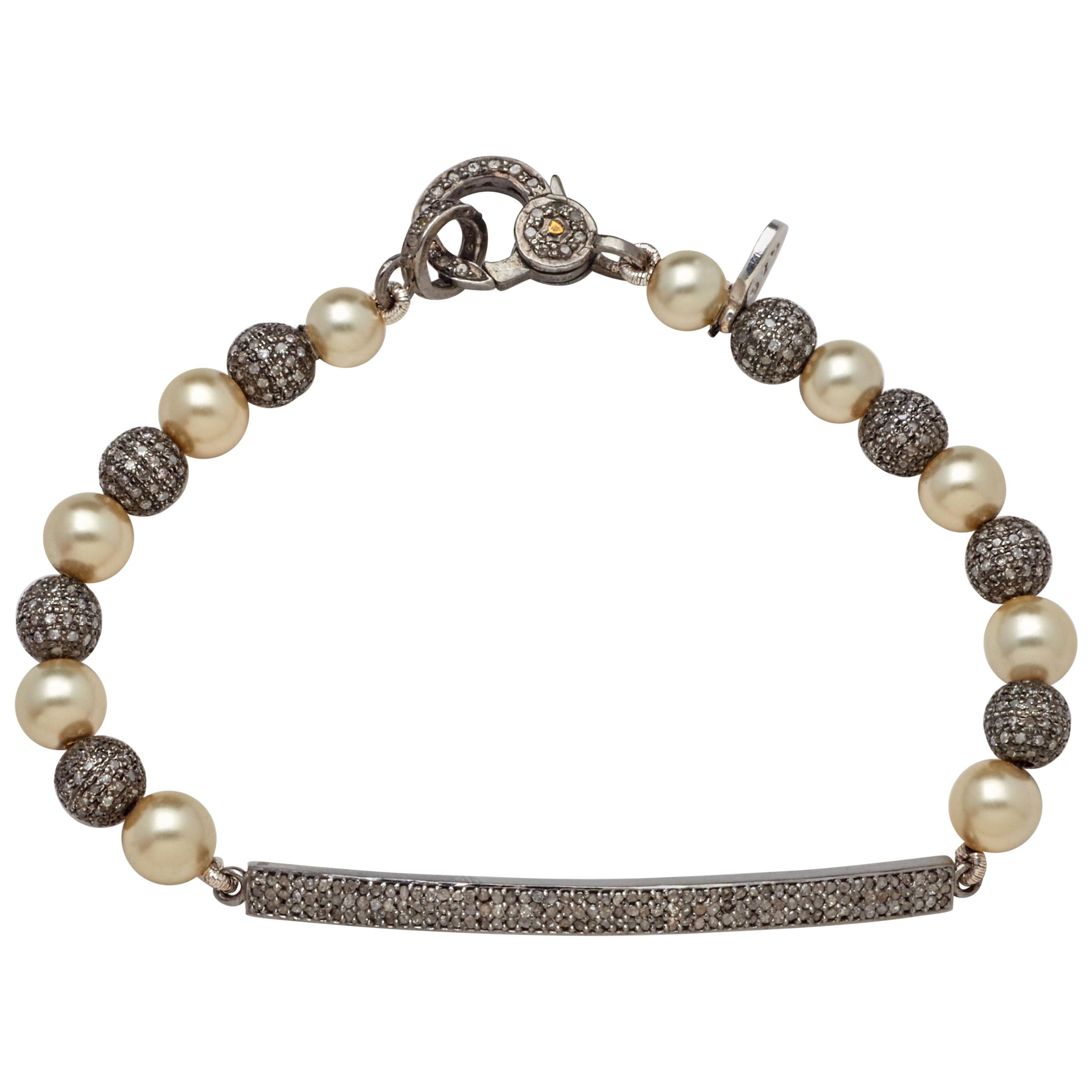 Diamond Bar Sterling Silver Diamond Bead Bracelet with Fine Akoya Pearls For Sale