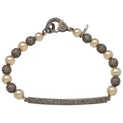 Diamond Bar and Sterling Silver Diamond Bead Bracelet with Fine Akoya Pearls
