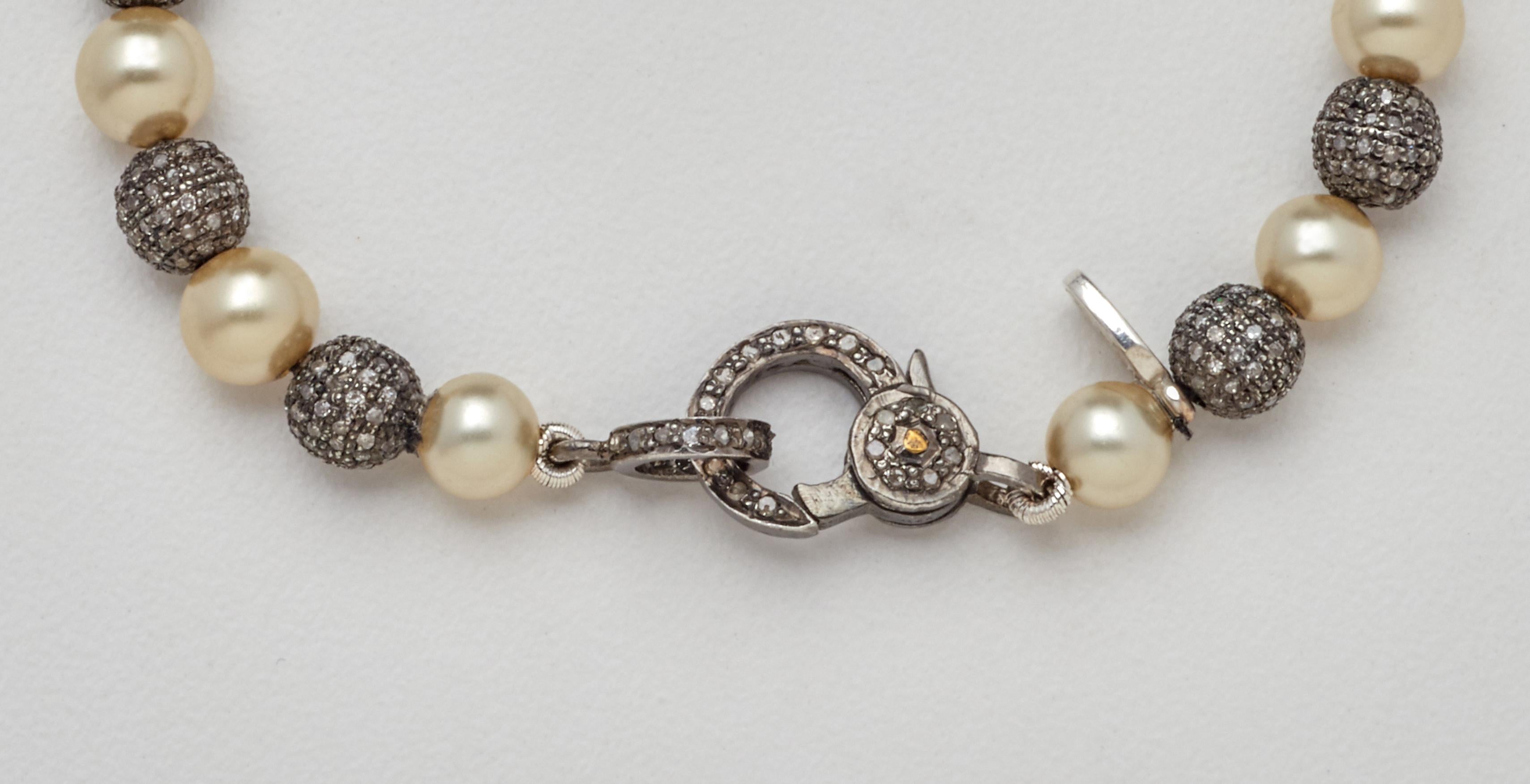 Artisan Diamond Bar Sterling Silver Diamond Bead Bracelet with Fine Akoya Pearls For Sale