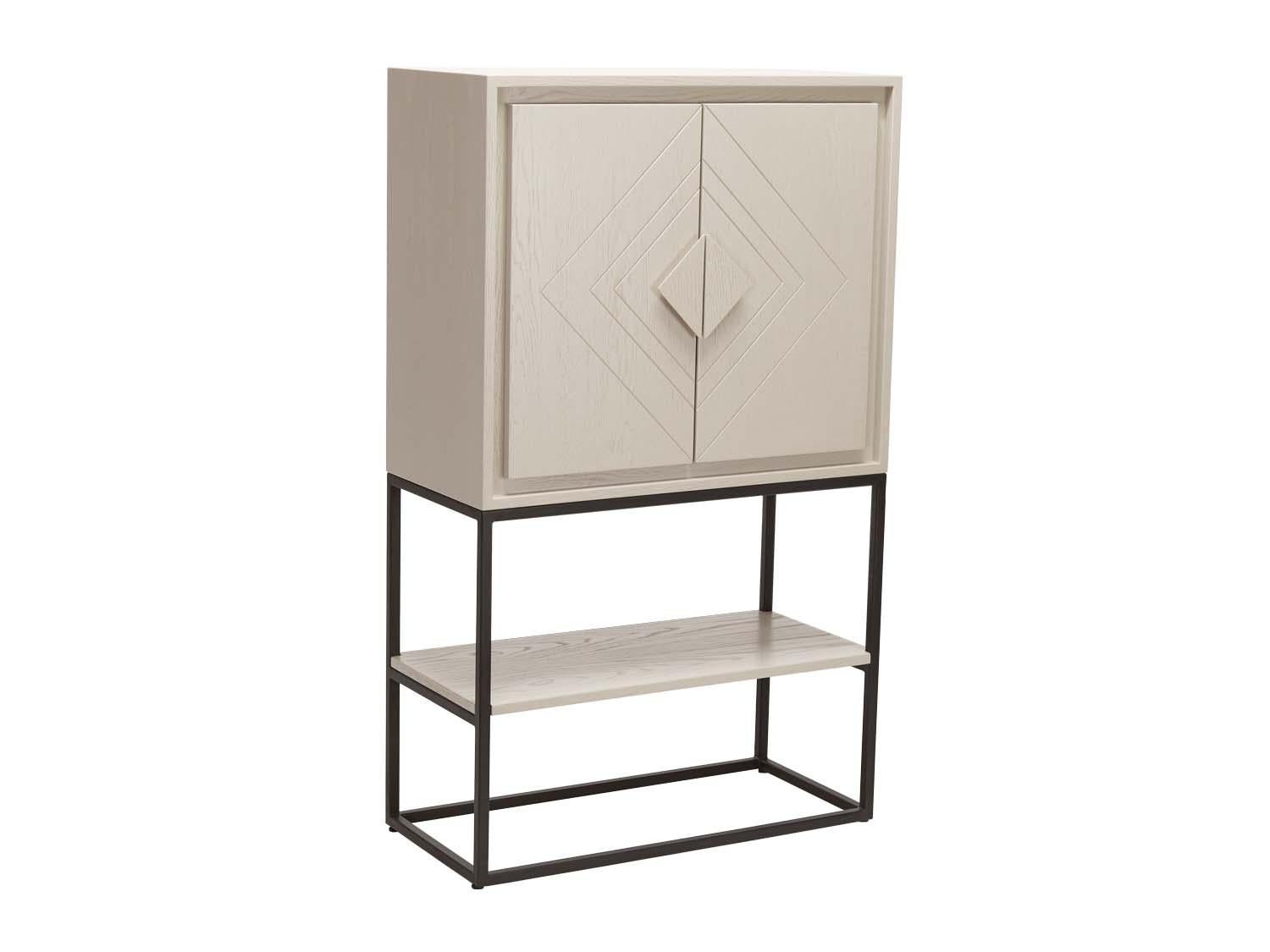 The diamond bar rests upon an open metal base with one shelf below and features a scribed geometric pattern on its doors. The interior has a bronze mirror back, glassware shelf with a small drawer, and a removable bronzed mirrored tray.

The