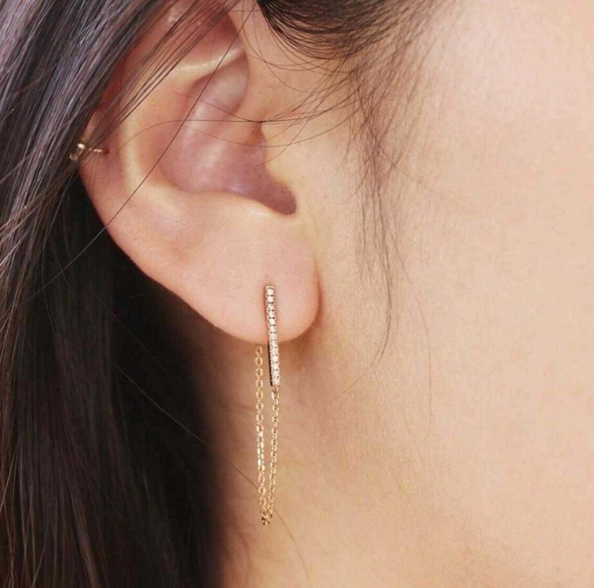 Art Deco Diamond Bar Chain Drop Earring 14K Solid Gold Handmade Gold Christmas Earring. For Sale