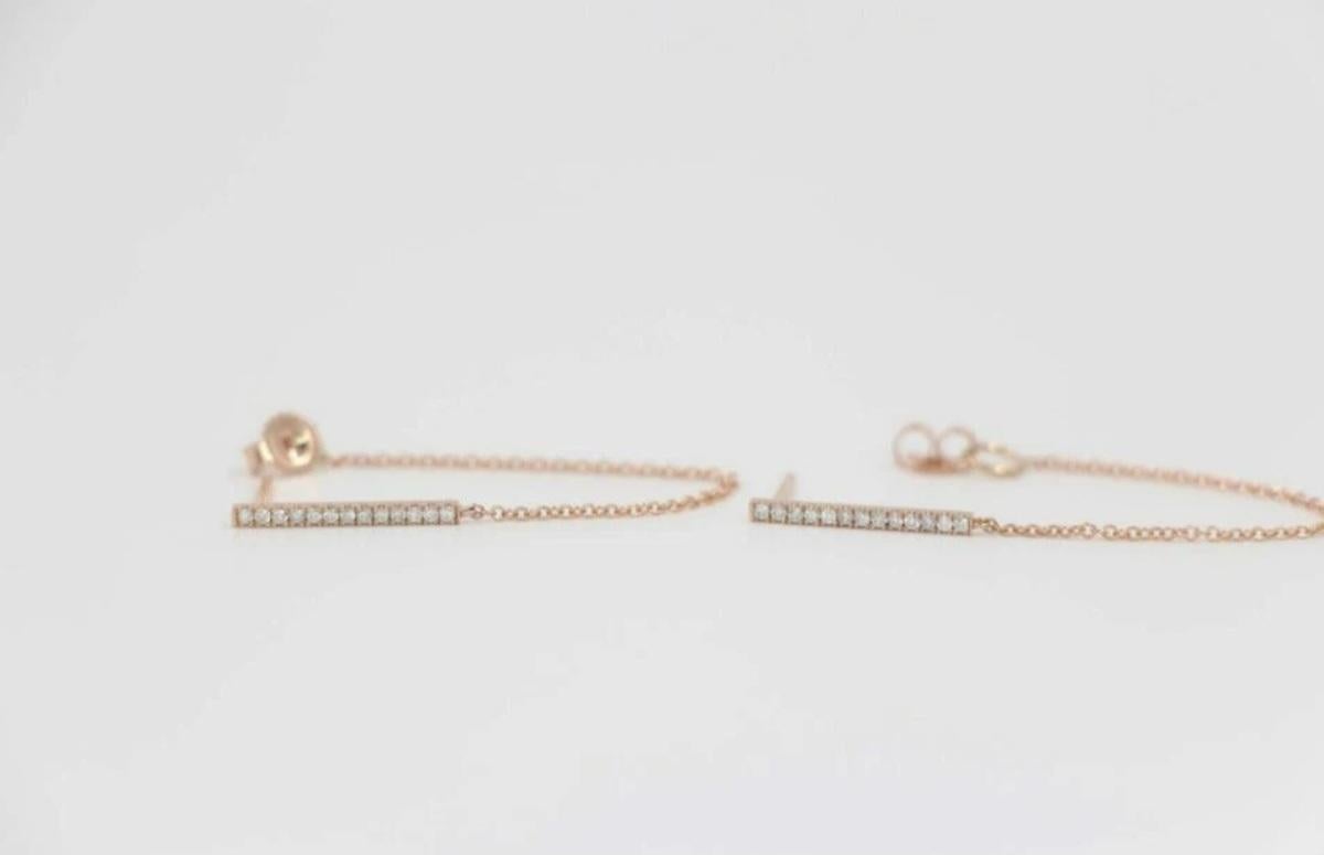 Diamond Bar Chain Drop Earring 14K Solid Gold Handmade Gold Christmas Earring. For Sale 1