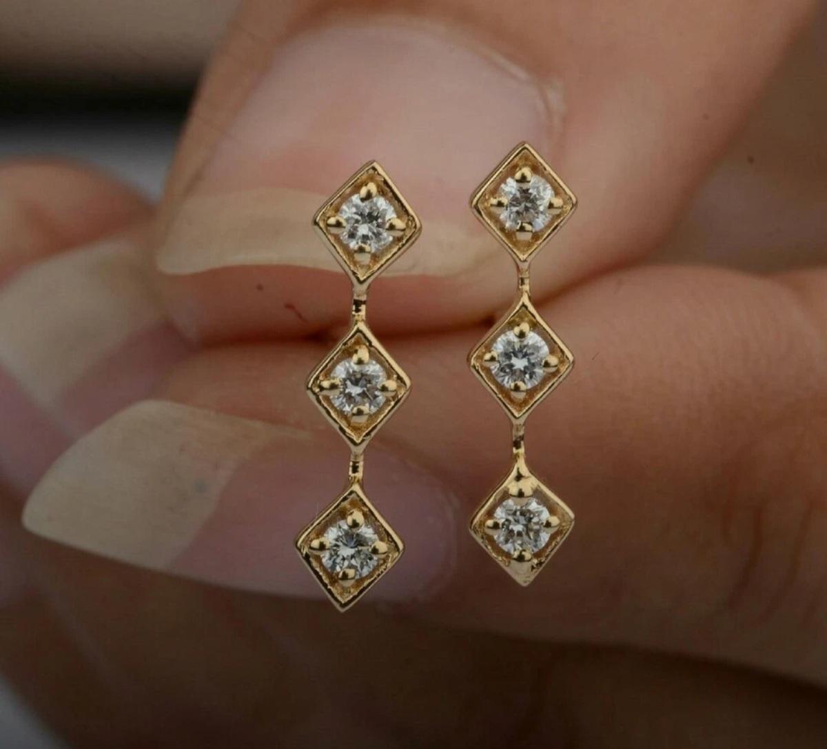 Pendiente Barra Diamante Oro Macizo 14k Pendiente Minimalista Joyería de Diseño Regalo en venta 6