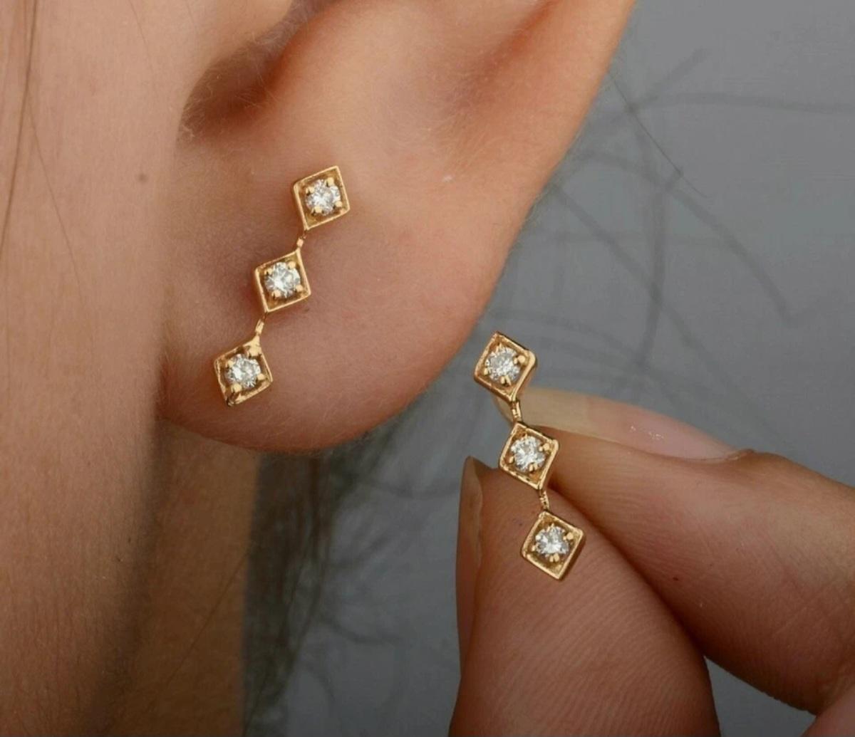 Pendiente Barra Diamante Oro Macizo 14k Pendiente Minimalista Joyería de Diseño Regalo en venta 7