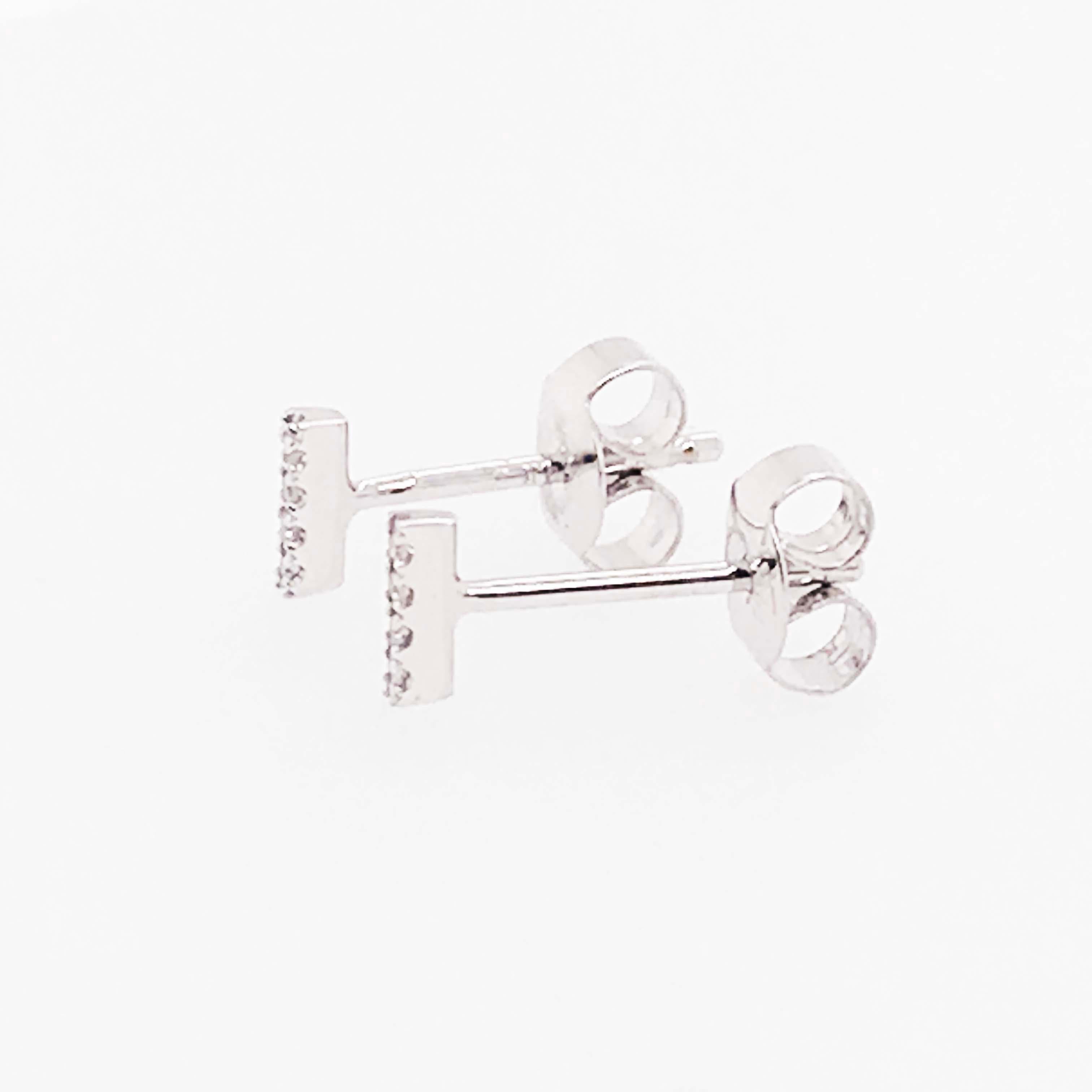 Round Cut Diamond Bar Earring Studs, Pave Diamond Line Stud Earrings in White Gold
