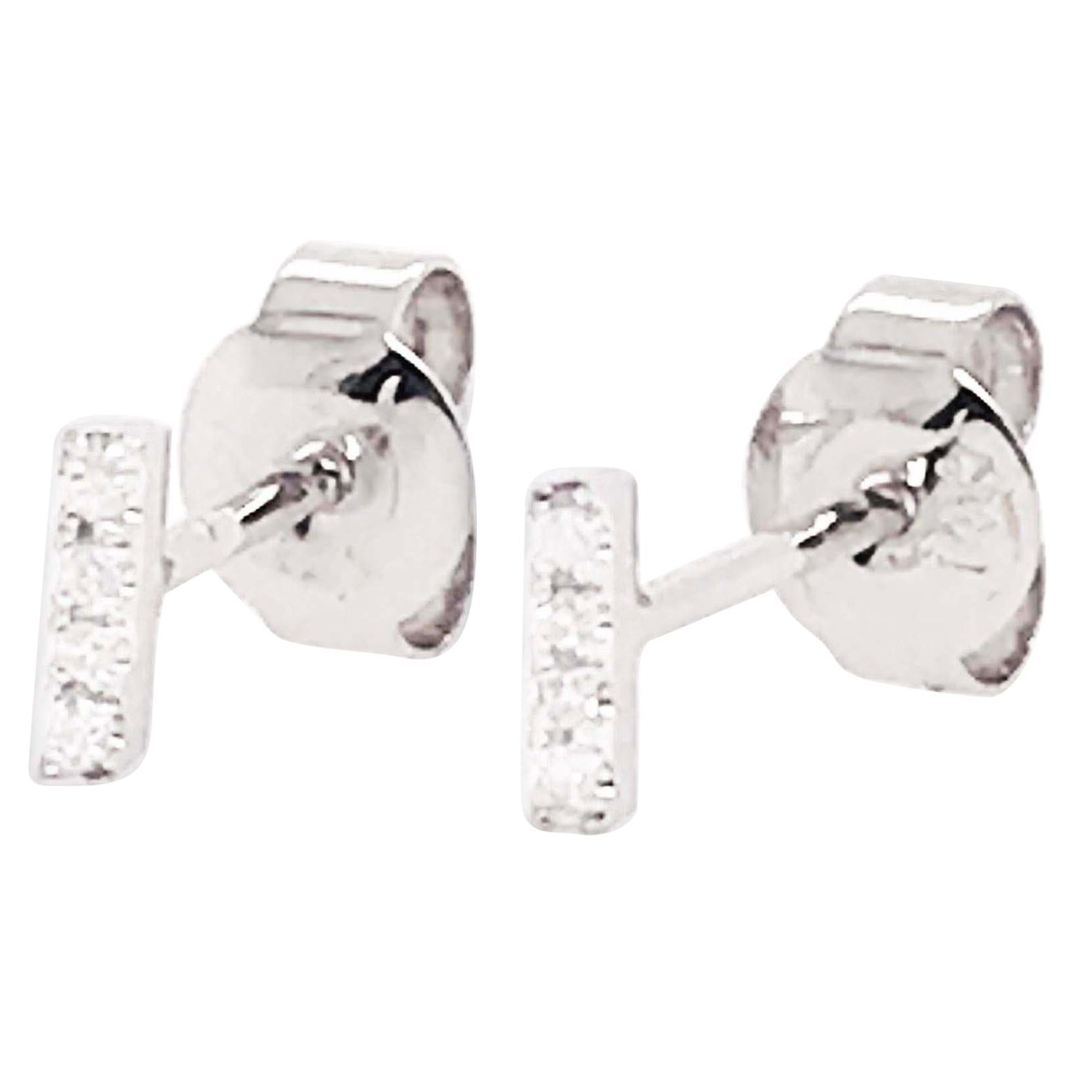 Diamond Bar Earring Studs, Pave Diamond Line Stud Earrings in White Gold