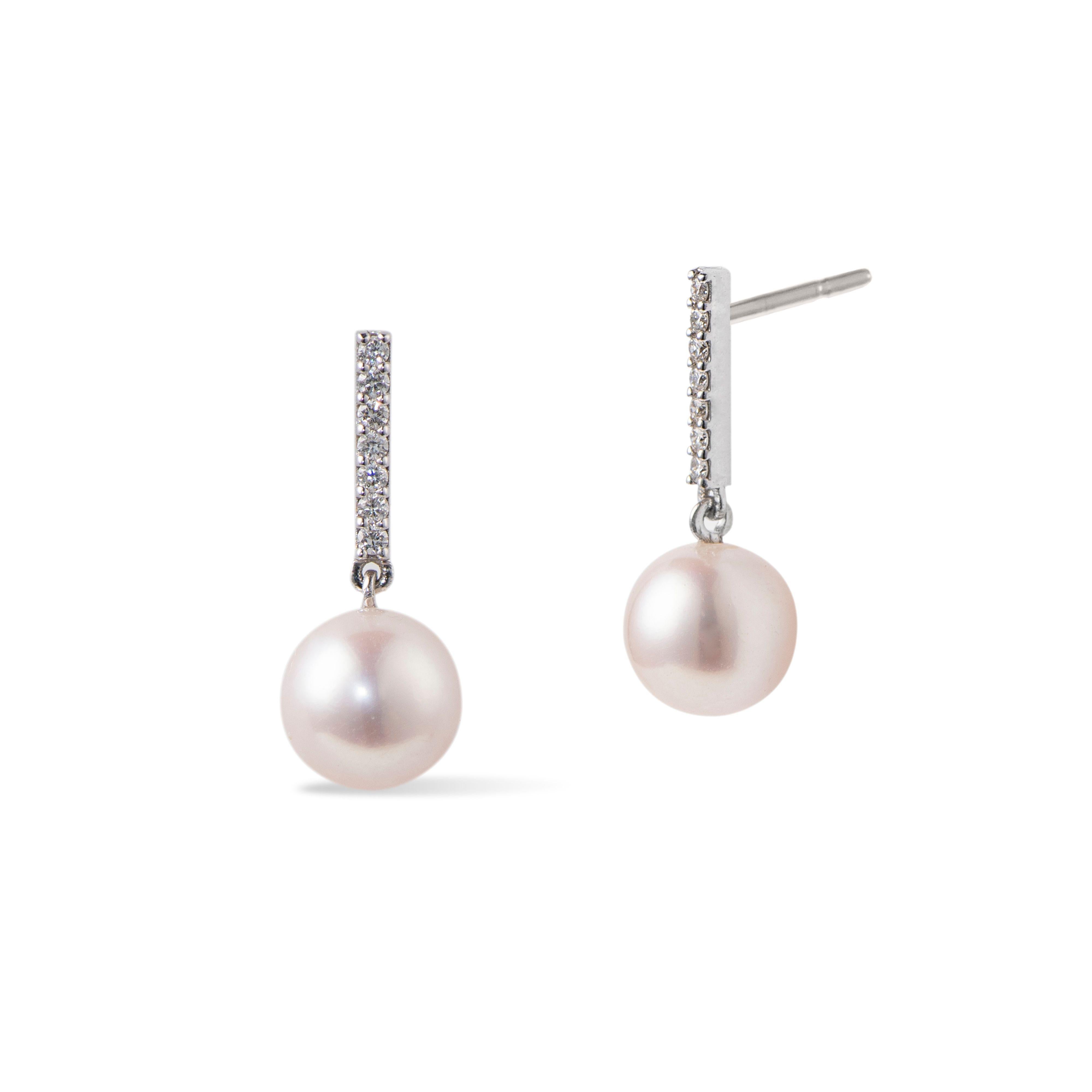 Pendientes Barra de Diamantes con Perlas, 0.15ctw Diamantes Oro 18K Contemporáneo en venta