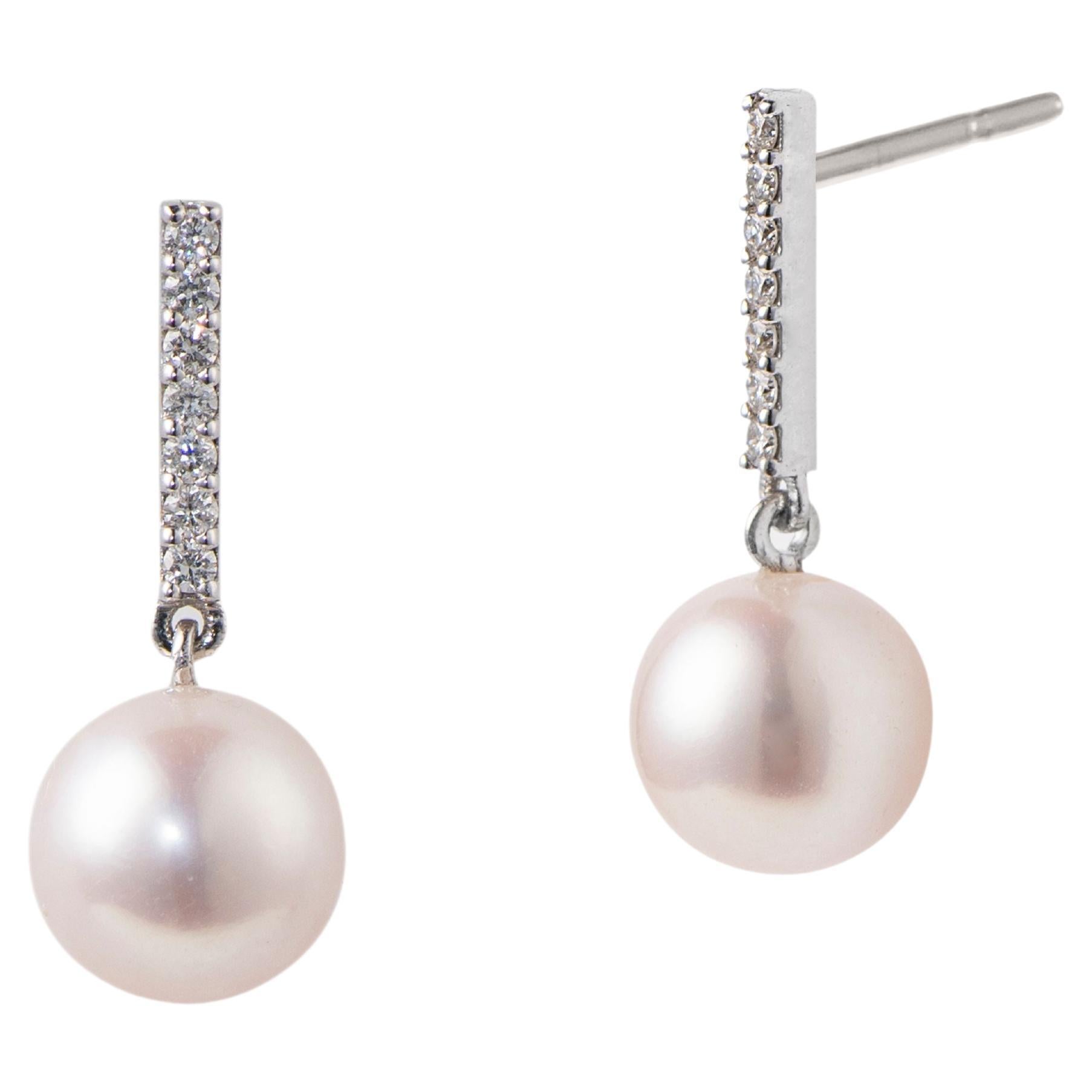 Diamond Bar earrings with Pearls, 0.15ctw Diamonds 18K Gold For Sale