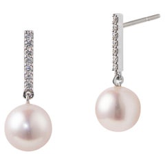 Diamond Bar earrings with Pearls, 0.15ctw Diamonds 18K Gold