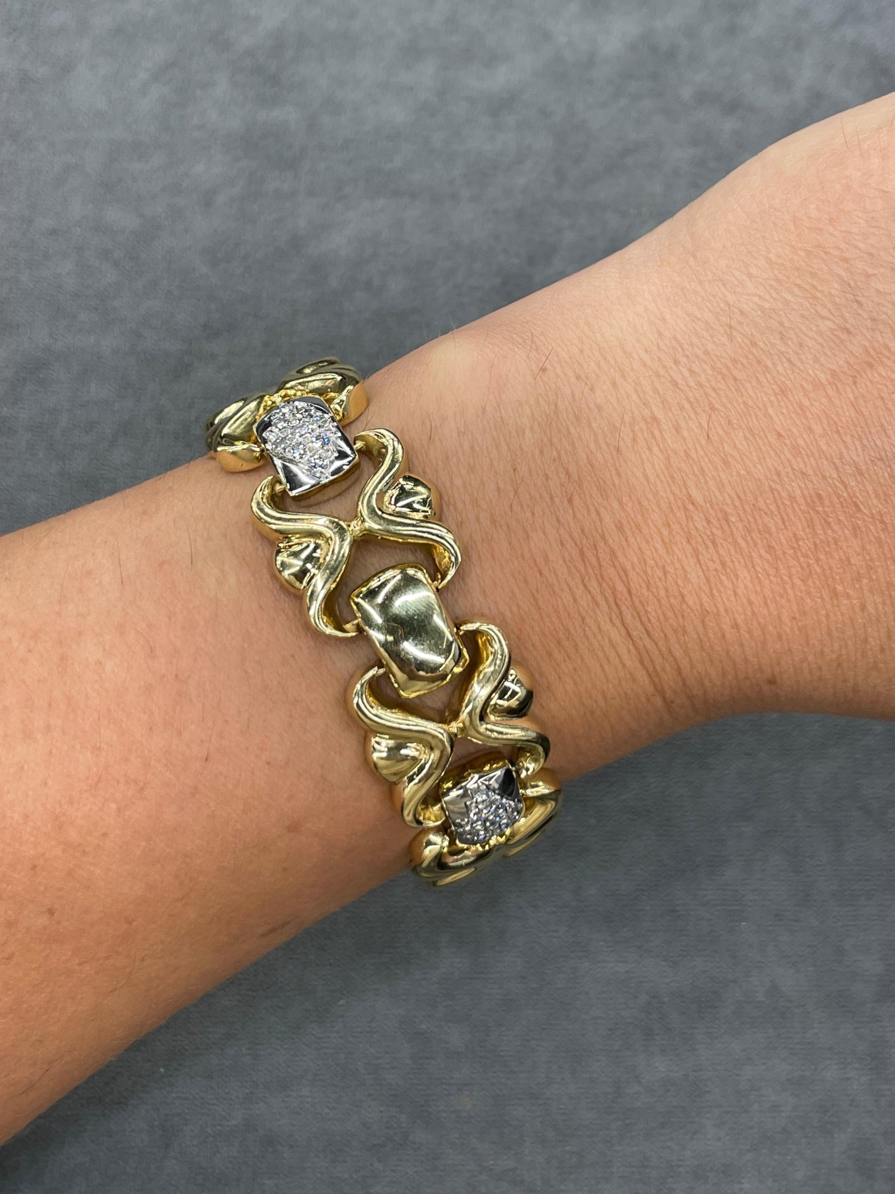 Women's Diamond Bar Link Bracelet 1.80 Carats 18K Yellow Gold Made In Italy 63 Grams For Sale