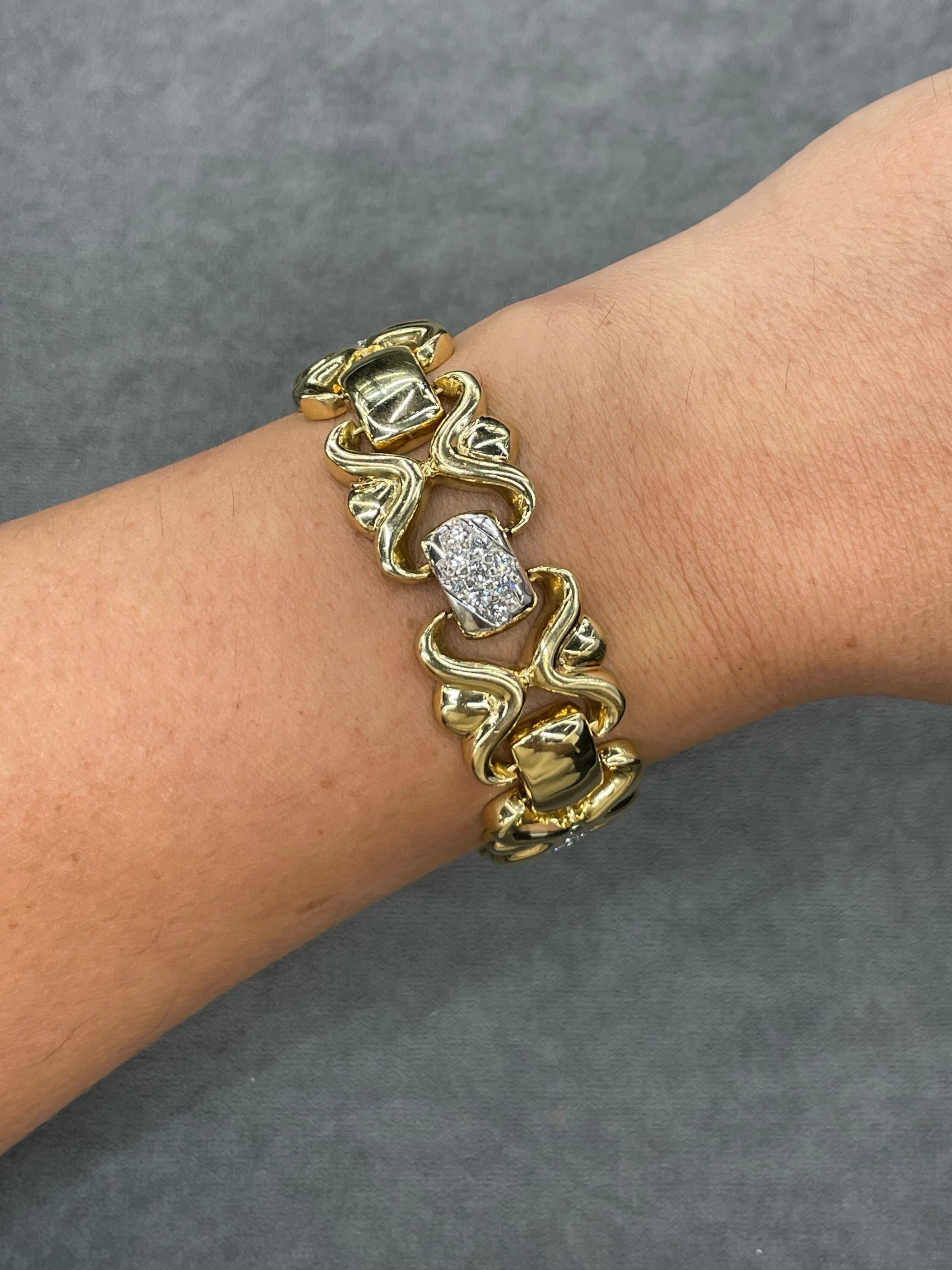 Diamond Bar Link Bracelet 1.80 Carats 18K Yellow Gold Made In Italy 63 Grams For Sale 1