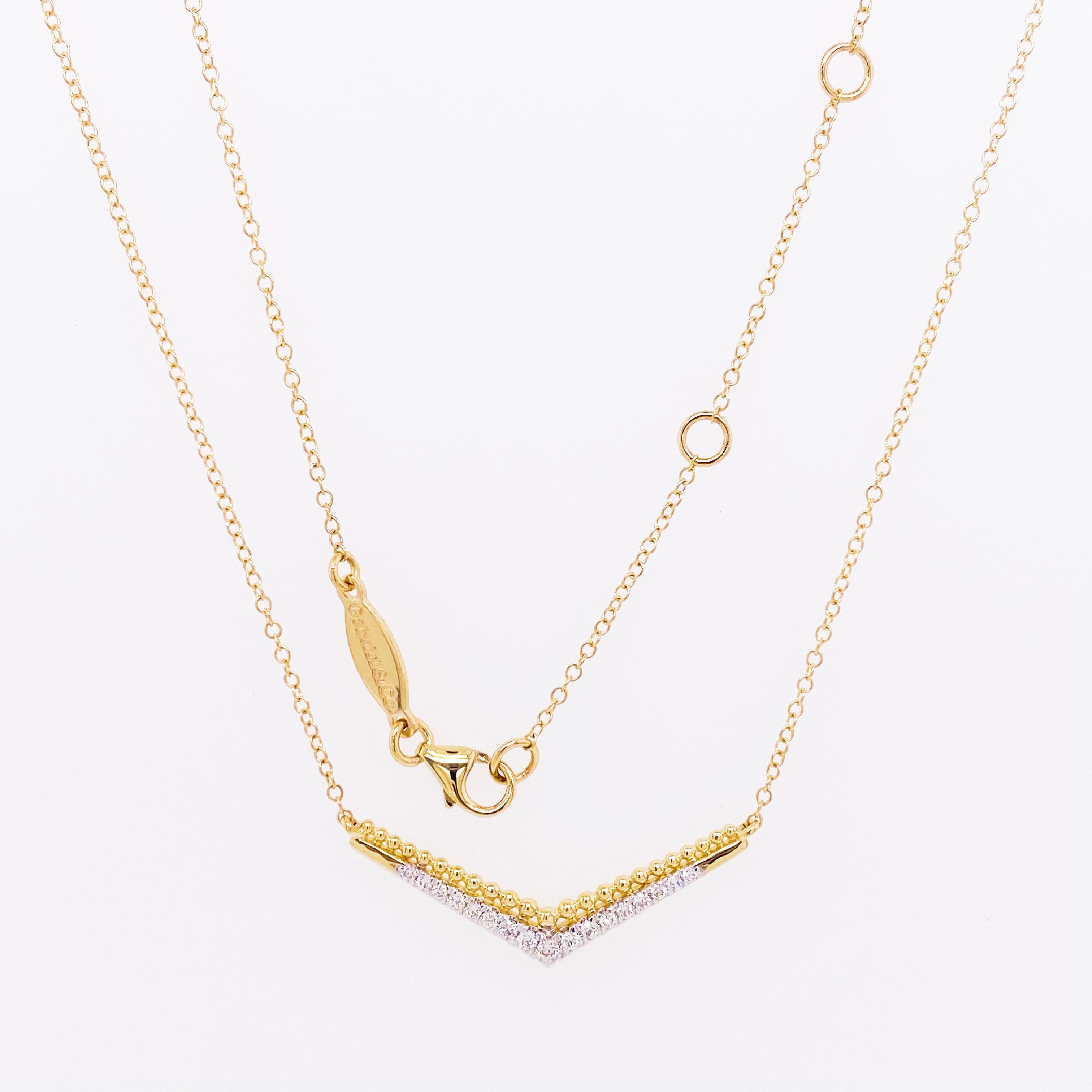 Contemporary Diamond Bar Necklace, 14 Karat Yellow Gold Beaded Chevron, NeckMess, NK5943Y45JJ For Sale