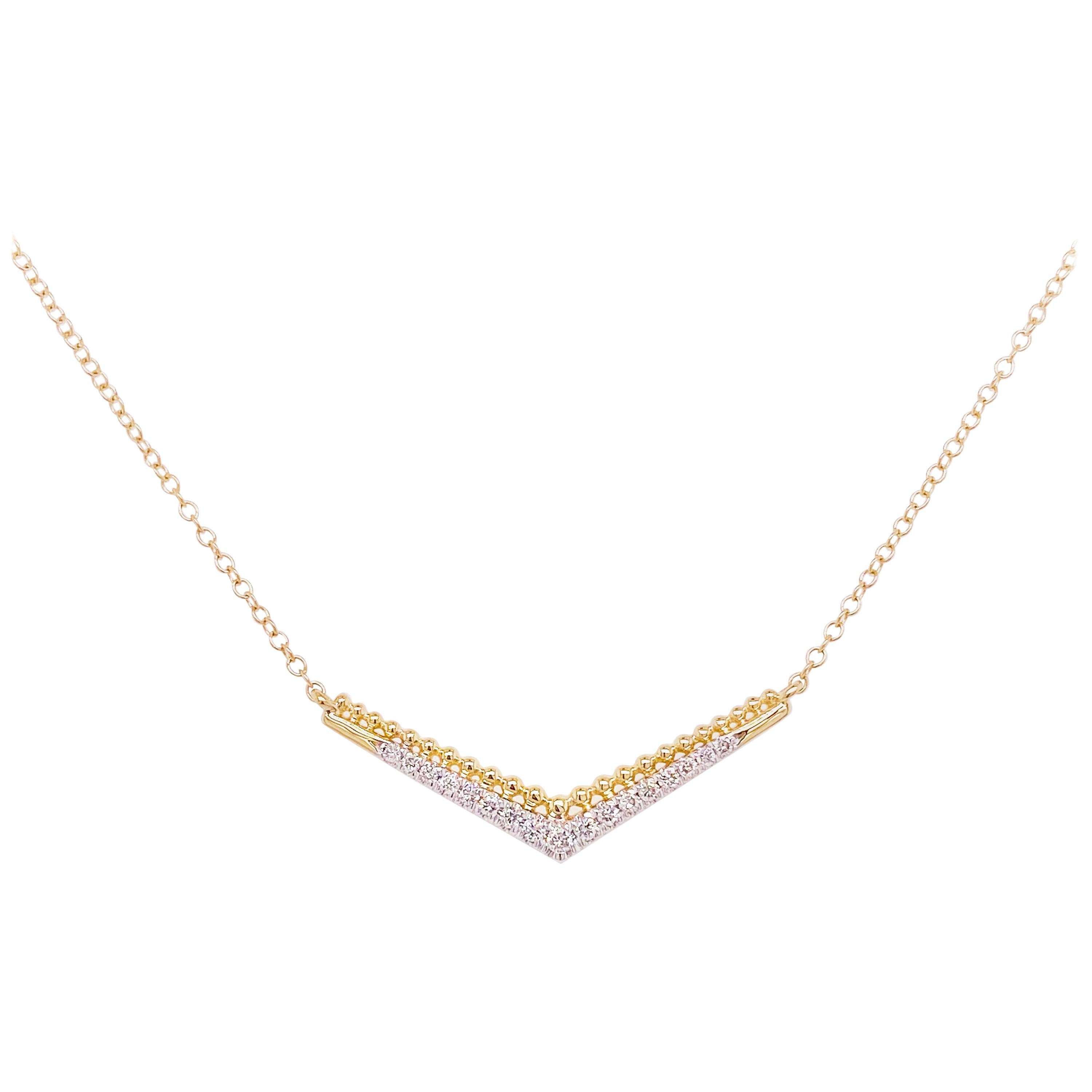 Diamond Bar Necklace, 14 Karat Yellow Gold Beaded Chevron, NeckMess, NK5943Y45JJ For Sale