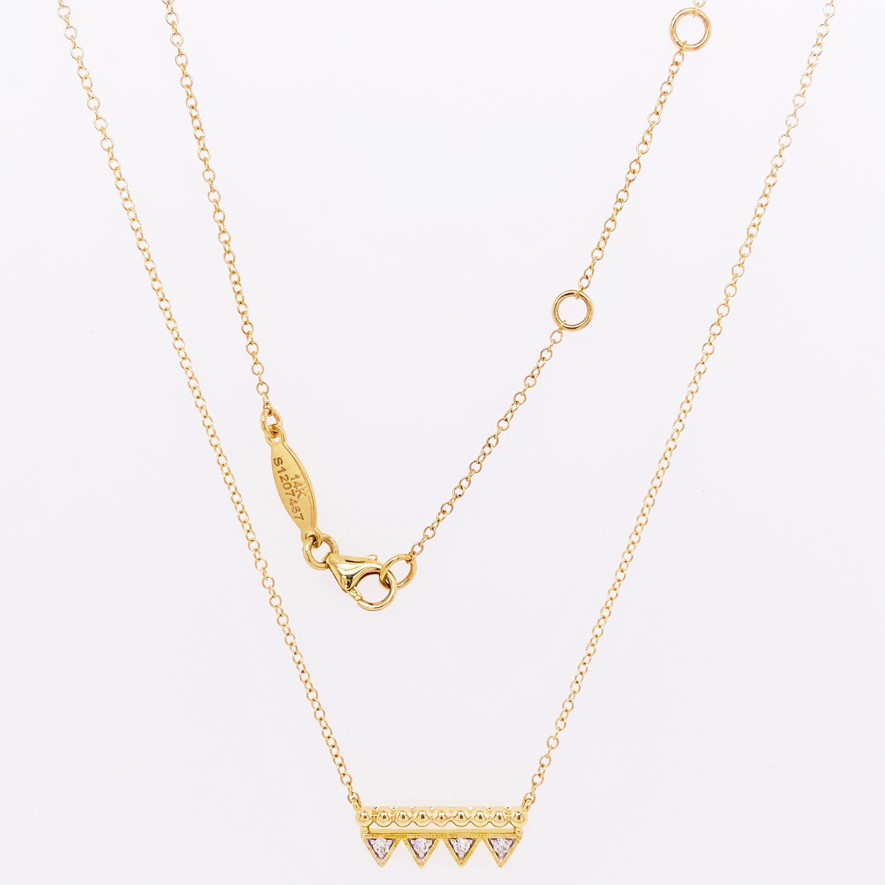Modern Diamond Bar Necklace, 14 Karat Yellow Gold Bujukan Beaded Triangle, NK5956Y45JJ For Sale