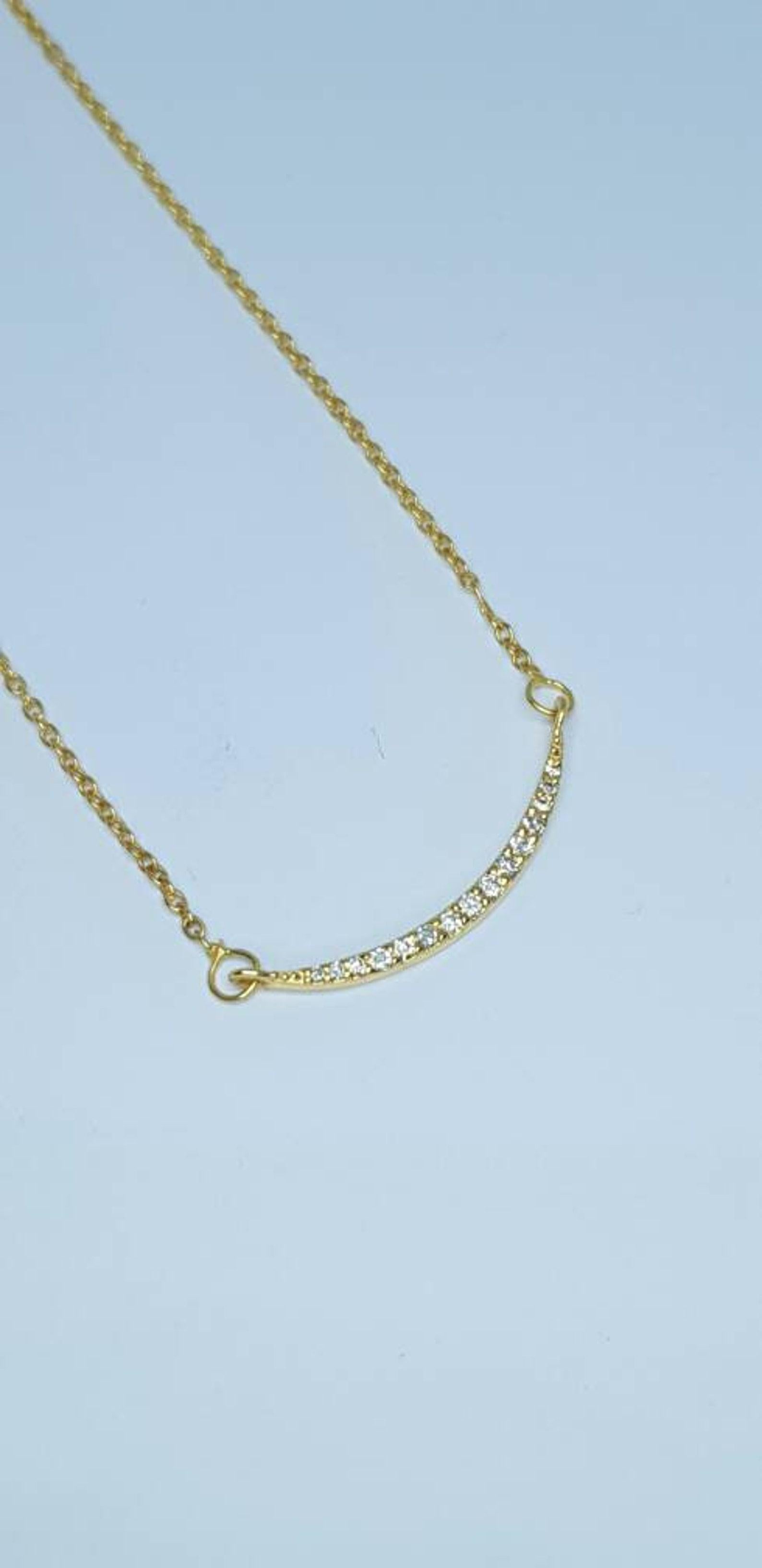 Art Deco Diamond Bar Necklace 14k Solid Gold Minimalist Curved Necklace Wedding Gift . For Sale