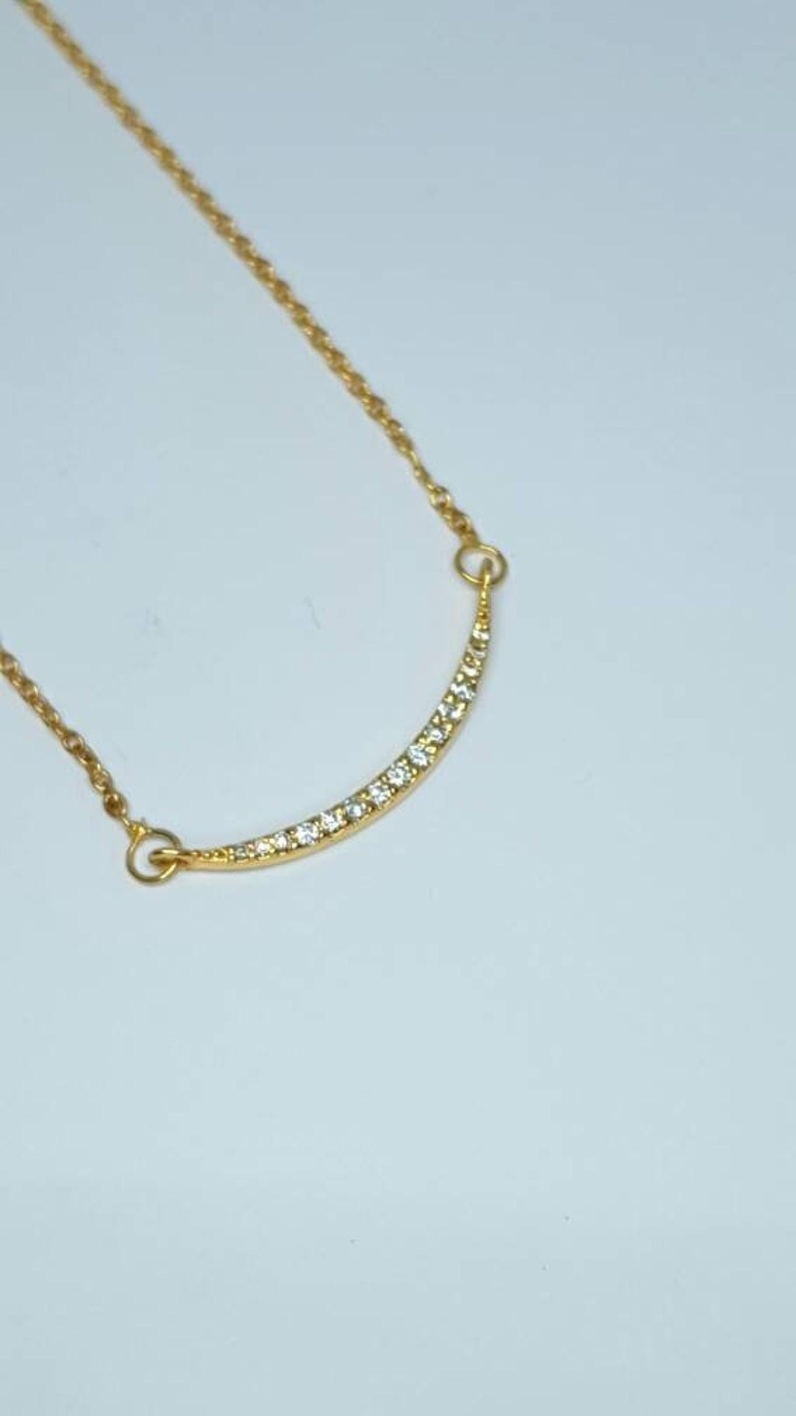 Round Cut Diamond Bar Necklace 14k Solid Gold Minimalist Curved Necklace Wedding Gift . For Sale