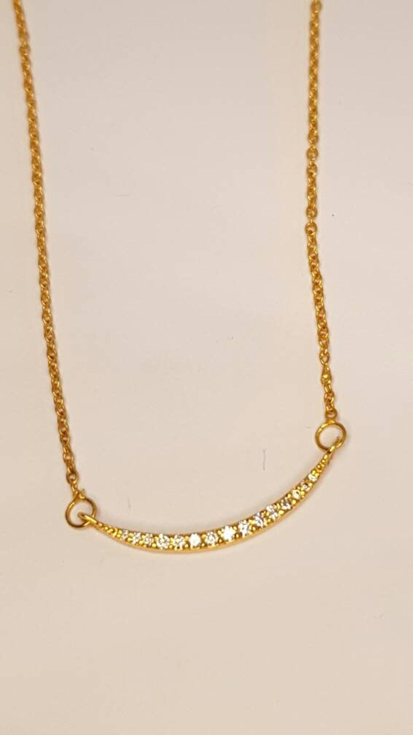 Diamond Bar Necklace 14k Solid Gold Minimalist Curved Necklace Wedding Gift . In New Condition For Sale In Chicago, IL
