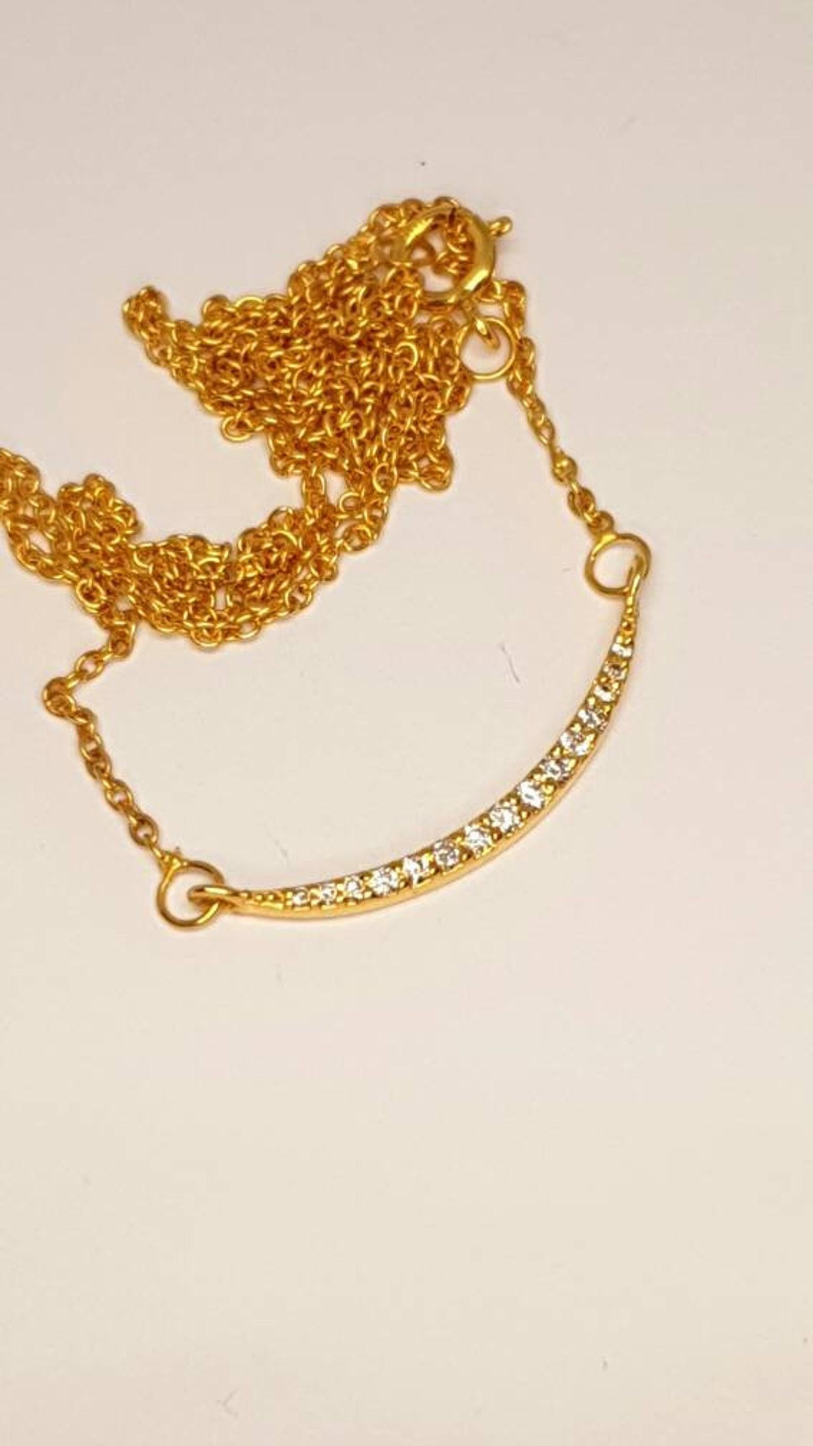 Women's Diamond Bar Necklace 14k Solid Gold Minimalist Curved Necklace Wedding Gift . For Sale
