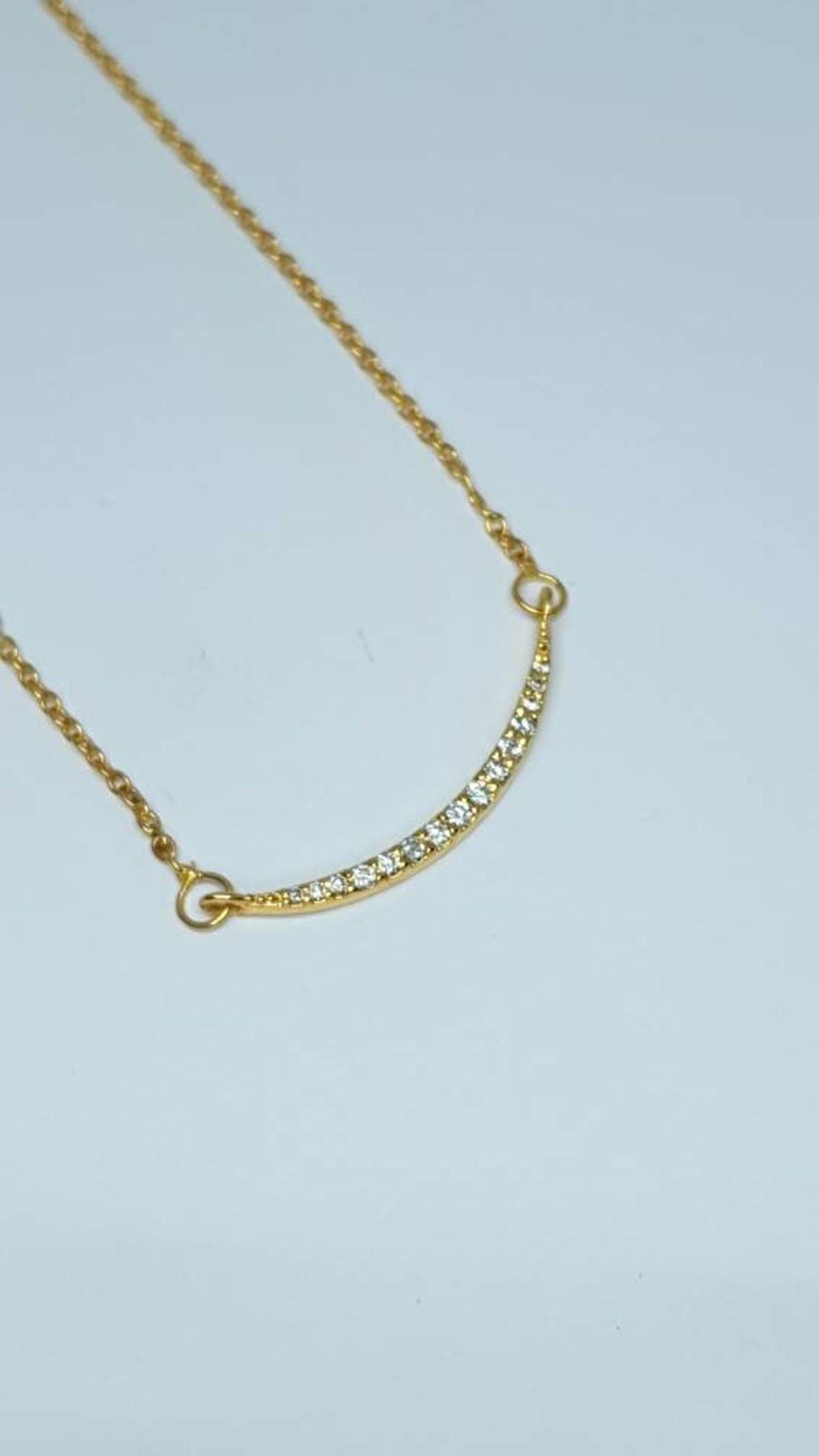 Diamond Bar Necklace 14k Solid Gold Minimalist Curved Necklace Wedding Gift . For Sale 1
