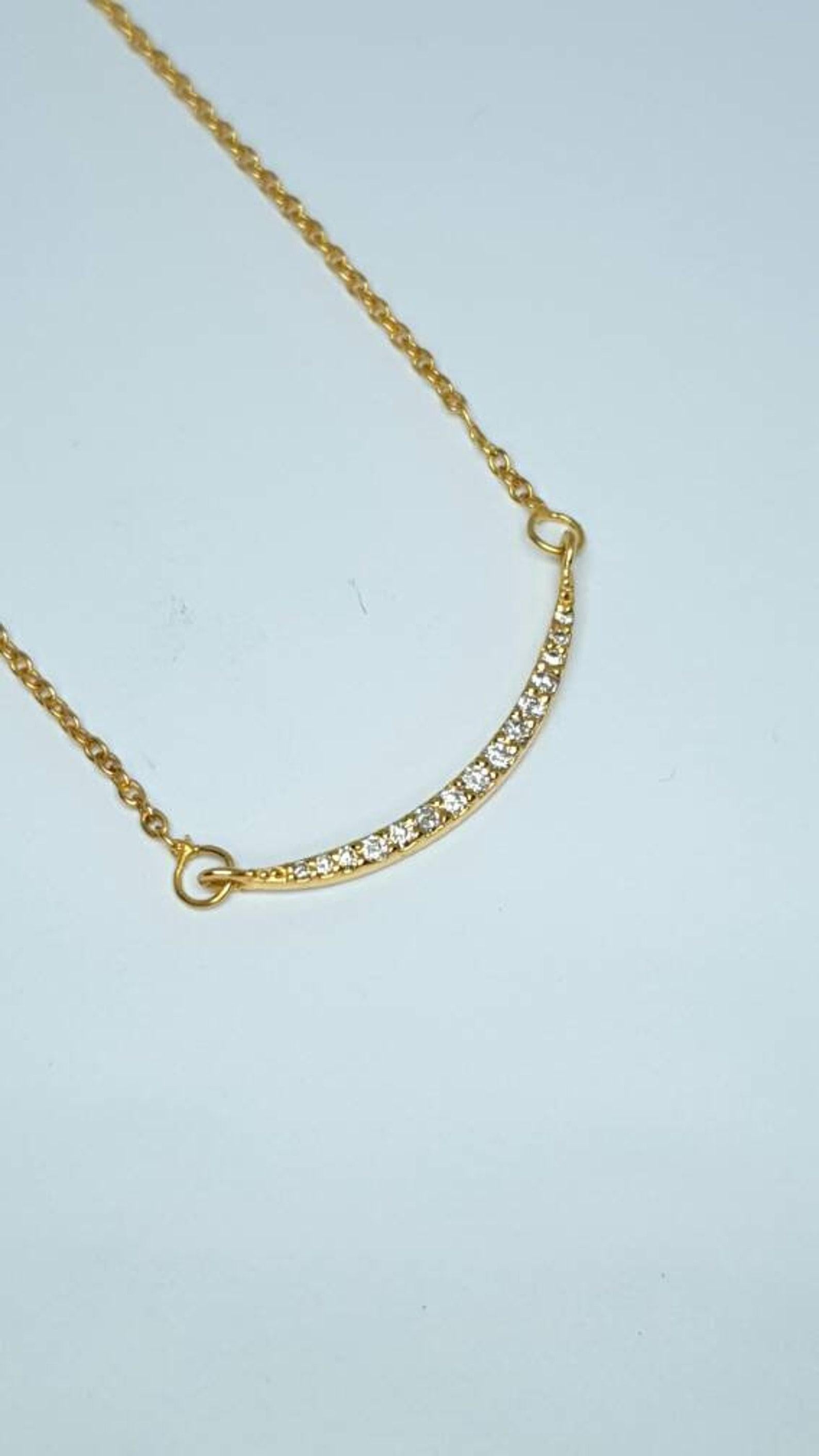 Diamond Bar Necklace 14k Solid Gold Minimalist Curved Necklace Wedding Gift . For Sale 2