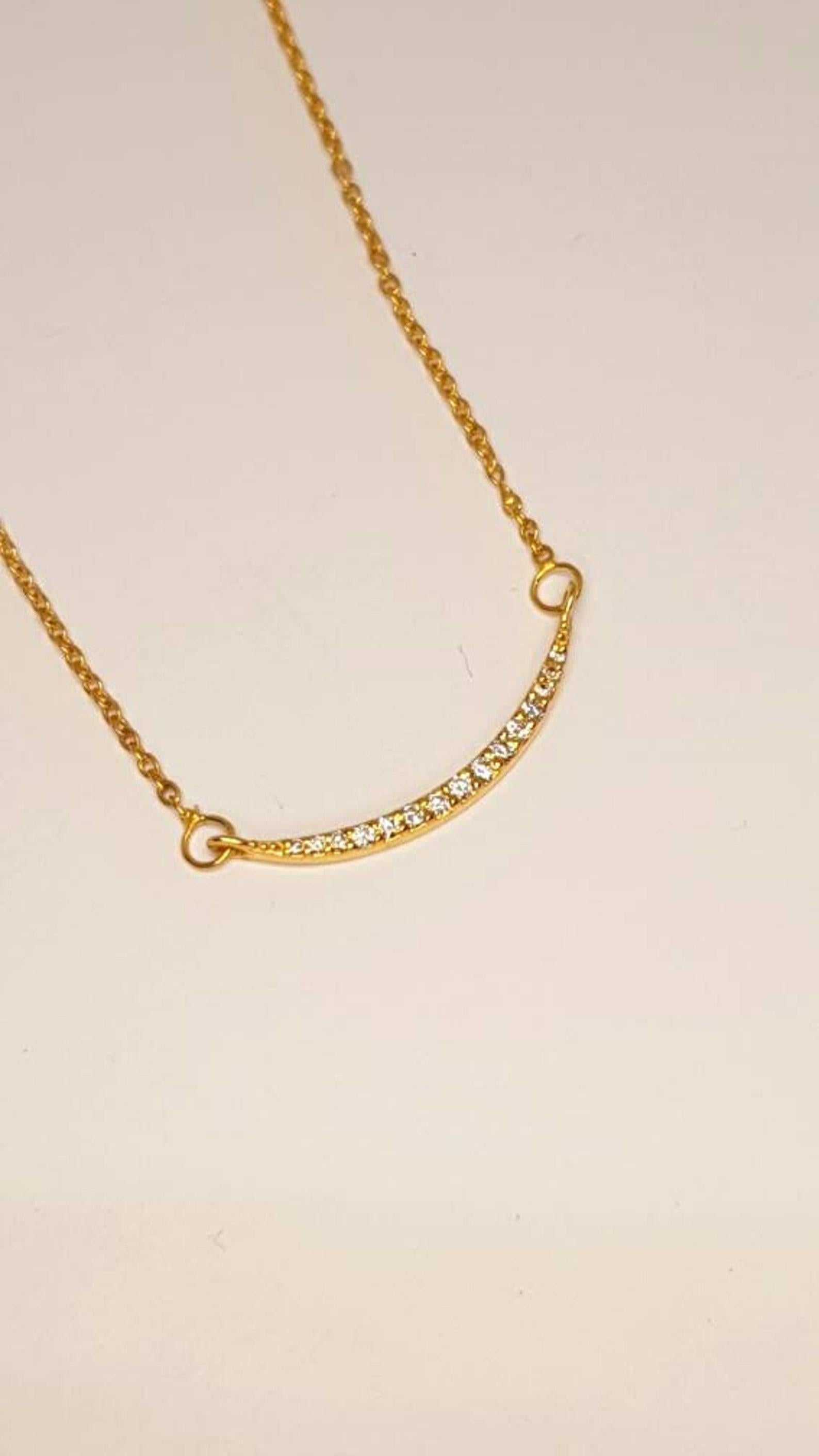 Diamond Bar Necklace 14k Solid Gold Minimalist Curved Necklace Wedding Gift . For Sale 3