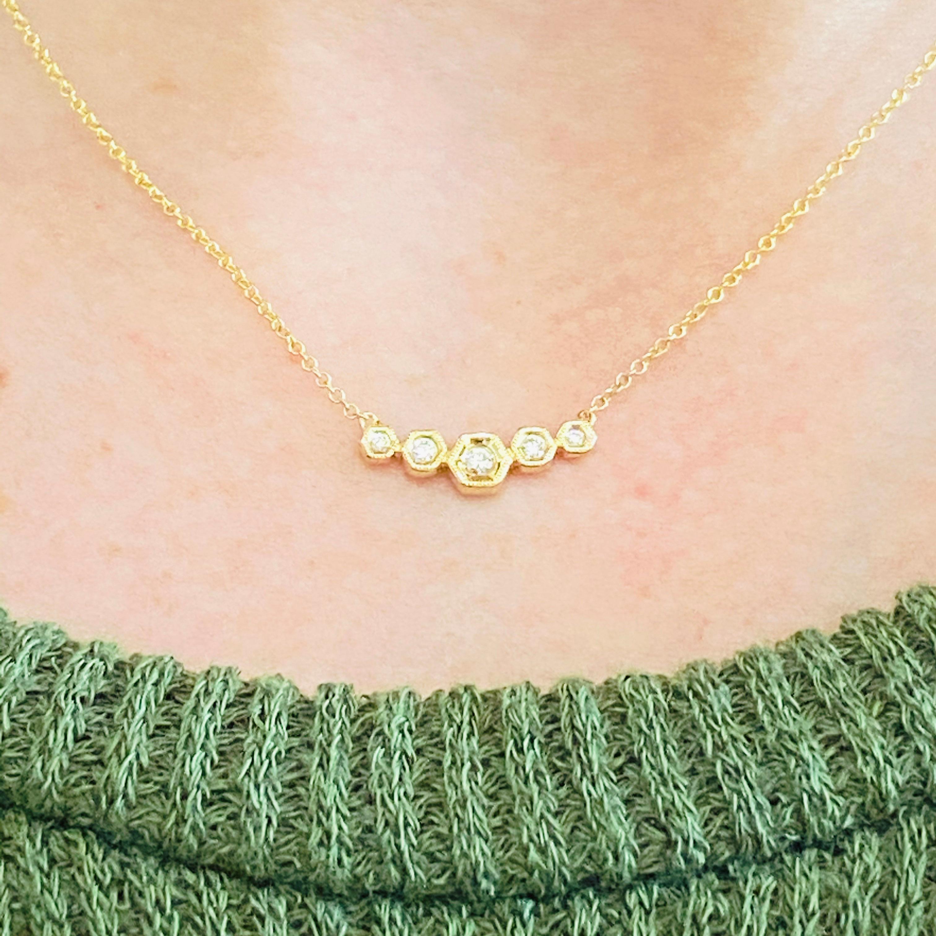 This Gabriel & Co. designer necklace is a gorgeous 14k yellow gold hexagonal bar necklace dripping with diamonds is the perfect mix between classic and trendy! This necklace is very fashionable and can add a touch of style to any outfit, yet it is