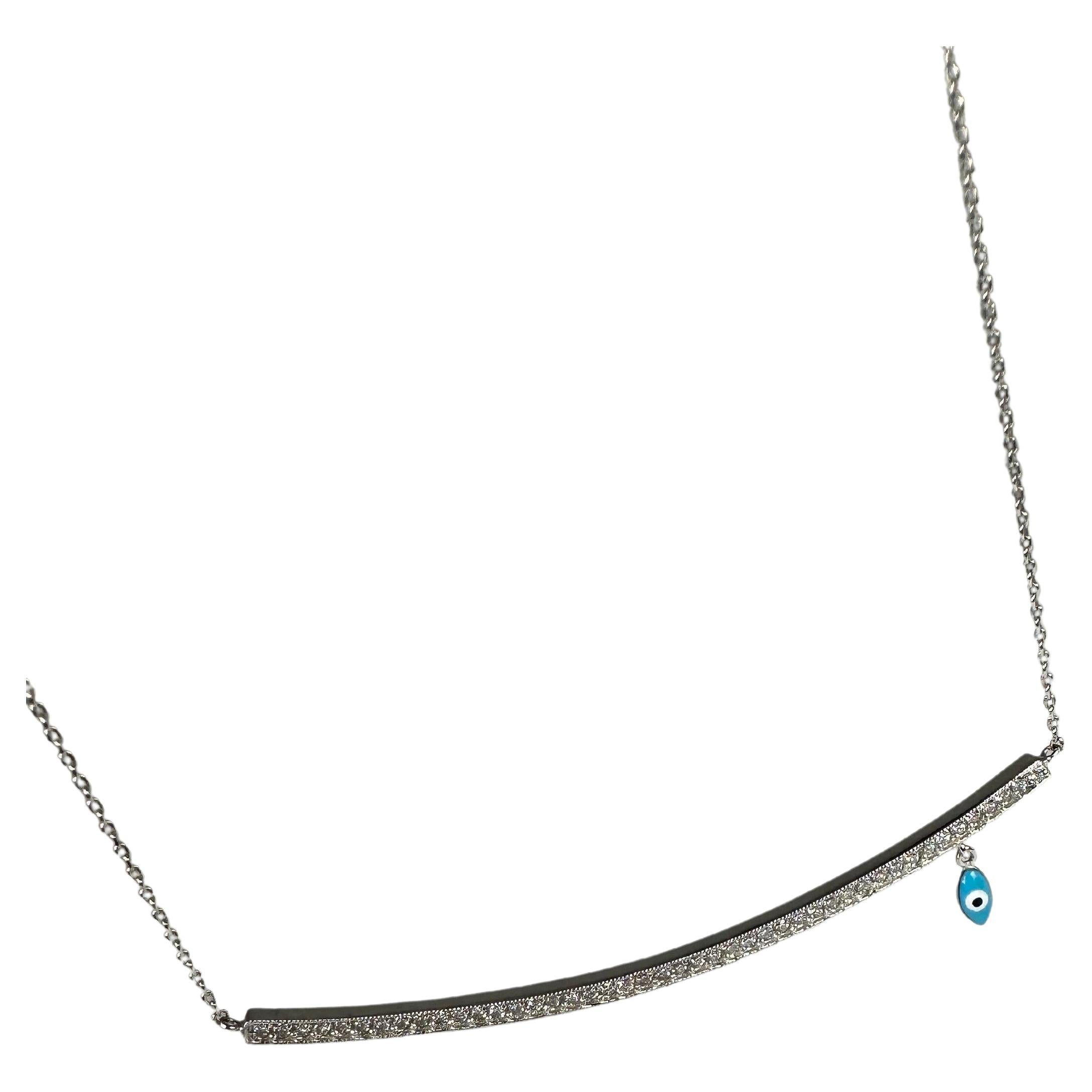 Diamond necklace in 18KT white gold with evil eye symbol, well crafted bar diamond pendant necklace.
GOLD: 18KT gold
NATURAL DIAMOND(S)
Clarity/Color: VS/G
Carat:0.31ct
Grams:3.40
size: 18 inches chain
Item#: 165-00066 PIK

WHAT YOU GET AT STAMPAR