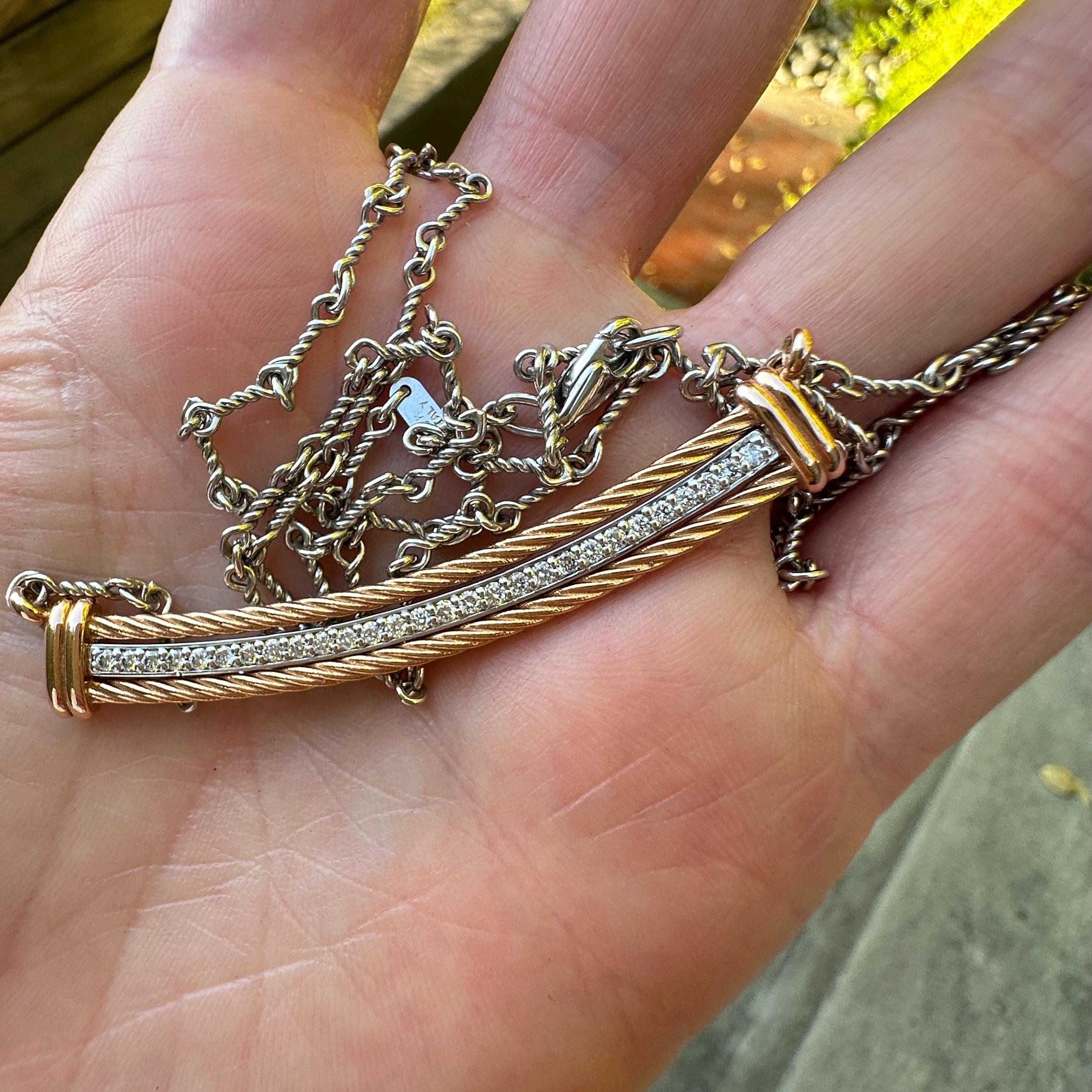 Contemporary Diamond Bar Necklace in 18K Rose Gold & Platinum on 18K White Gold Dogbone Chain For Sale