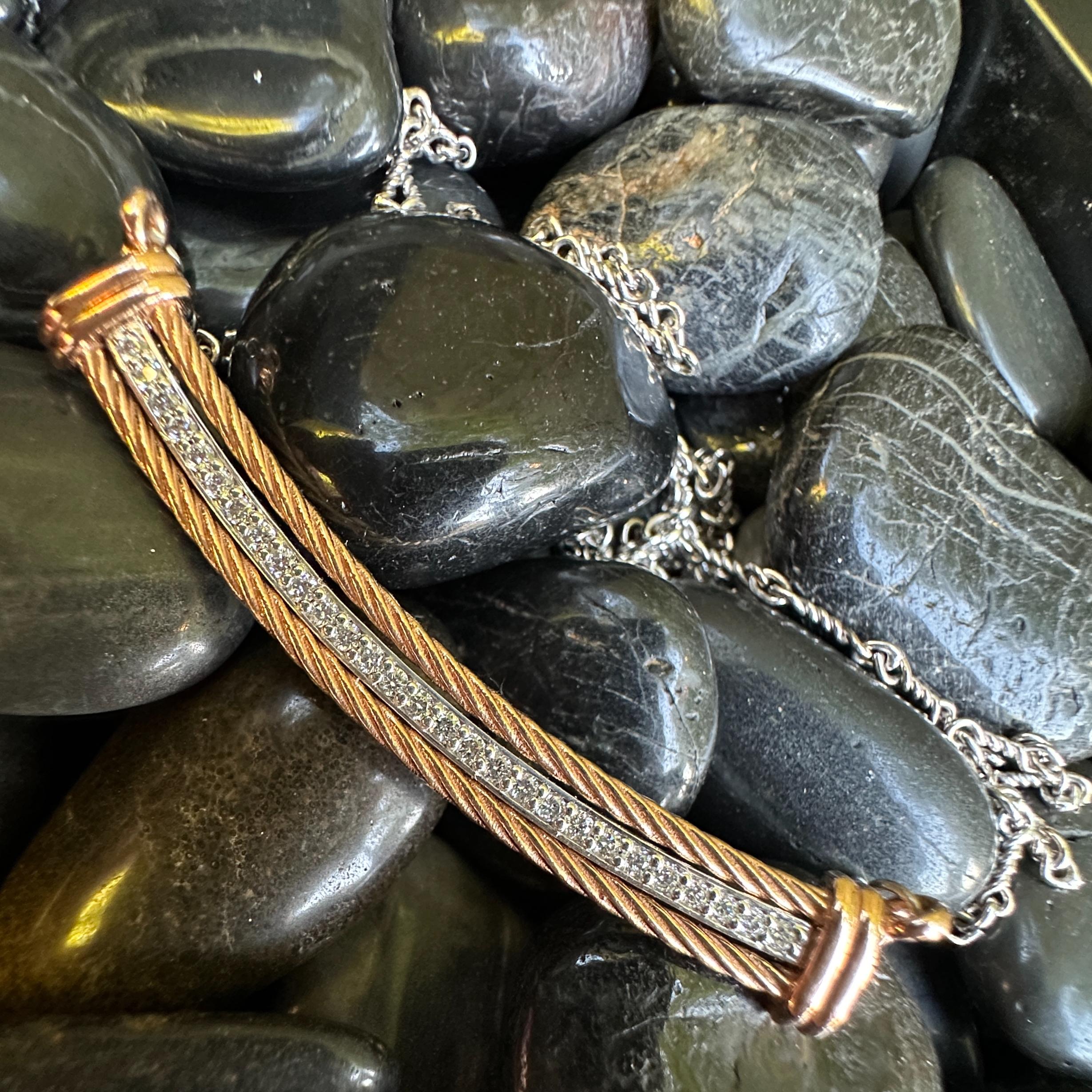 Brilliant Cut Diamond Bar Necklace in 18K Rose Gold & Platinum on 18K White Gold Dogbone Chain For Sale