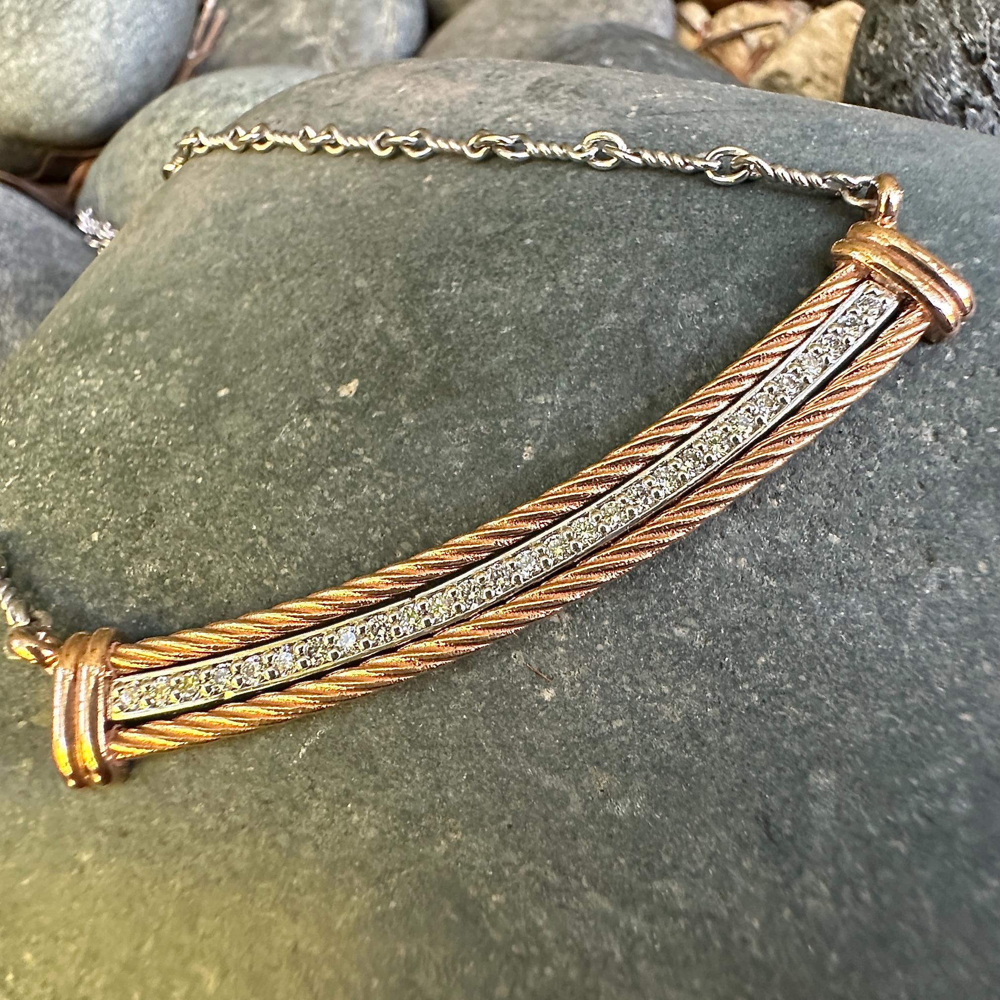 Diamond Bar Necklace in 18K Rose Gold & Platinum on 18K White Gold Dogbone Chain In New Condition For Sale In Sherman Oaks, CA