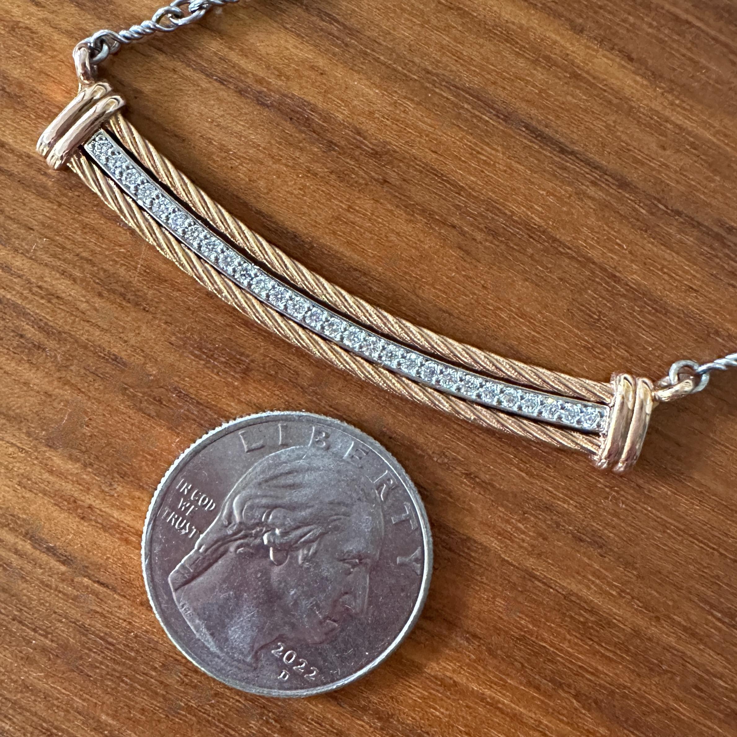 Diamond Bar Necklace in 18K Rose Gold & Platinum on 18K White Gold Dogbone Chain For Sale 3