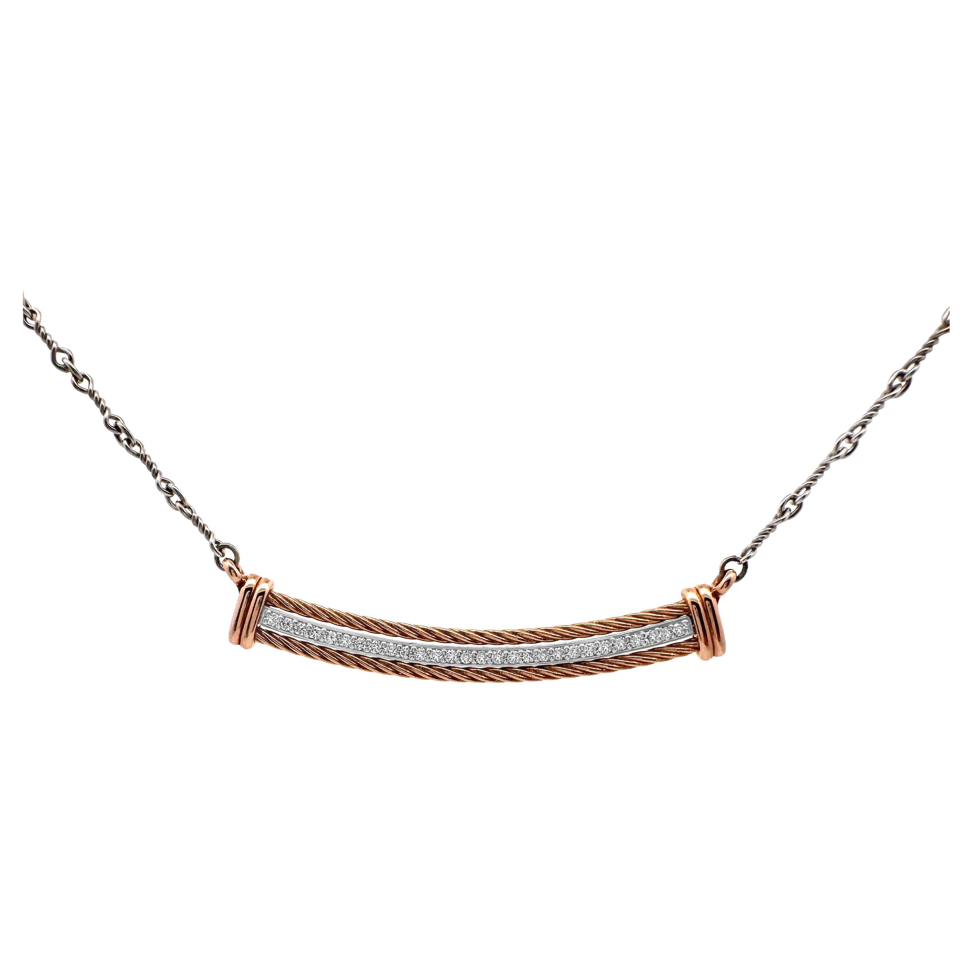 Diamond Bar Necklace in 18K Rose Gold & Platinum on 18K White Gold Dogbone Chain For Sale