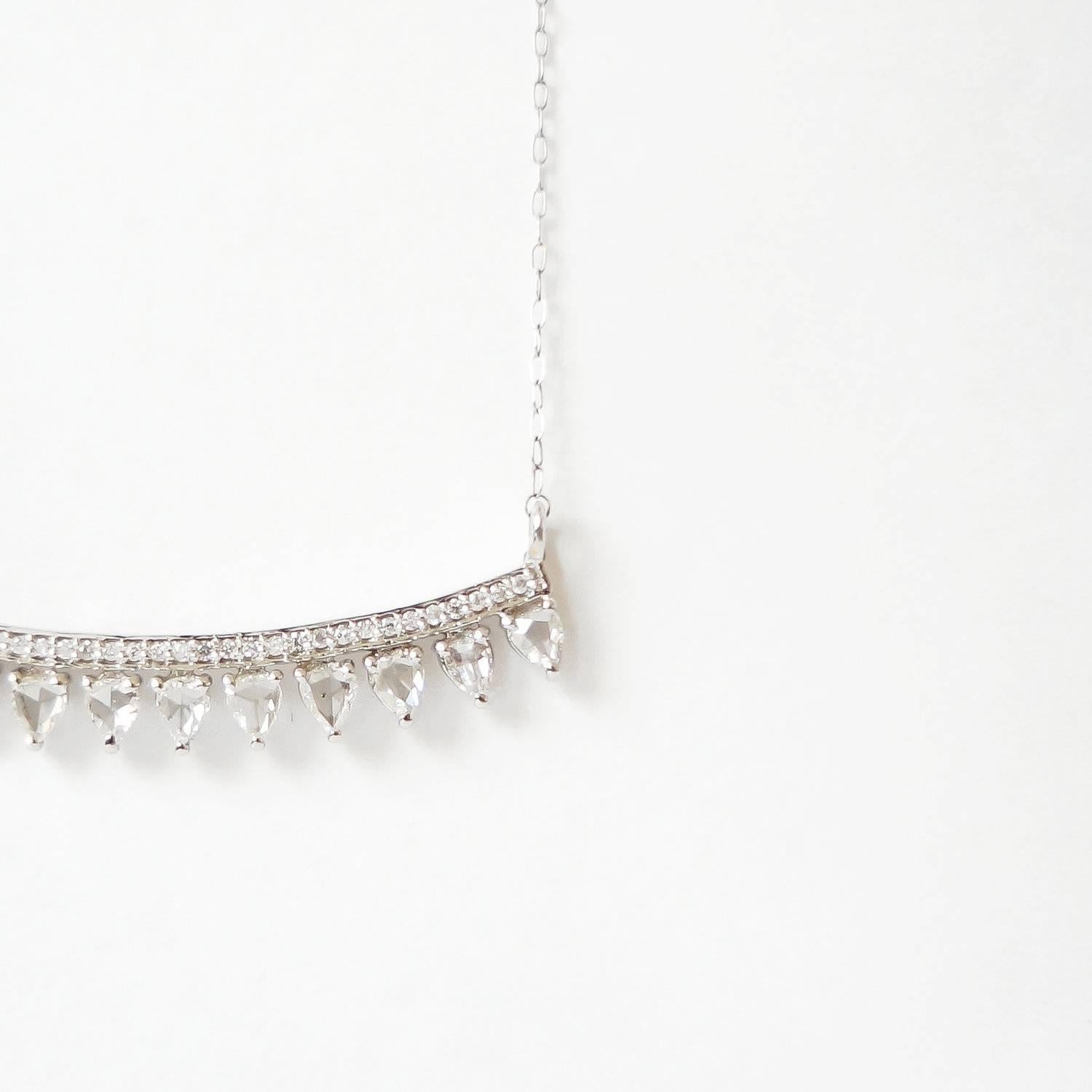Uniquely mixing bold shapes with stunning gemstones, Ri Noor's Diamond Bar Necklace with Rose Cut Diamonds sparkles as the intricate cuts of the stones reflect light. The necklace features 11 rose cut diamonds suspended from a bar containing